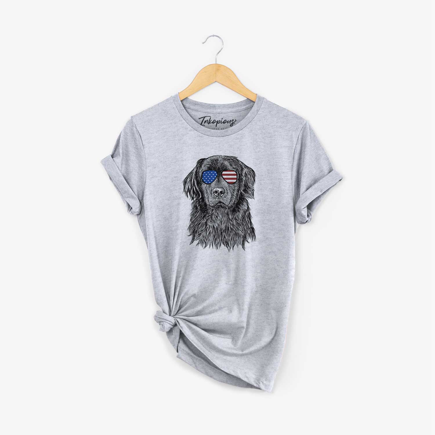 Hand-drawn sketch of Jinx the Newfoundland wearing American flag sunglasses on a Grey Unisex crewneck