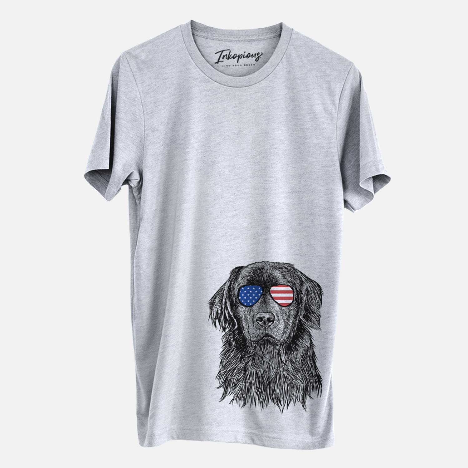 Hand-drawn sketch of Jinx the Newfoundland wearing American flag sunglasses on a Grey Unisex crewneck