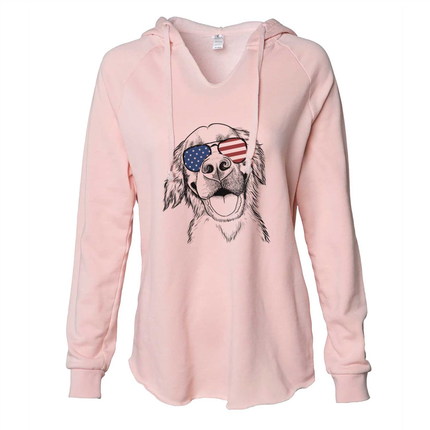 Hand-drawn sketch of Jordy the Golden Retriever wearing American flag sunglasses on a Blush Cali Wave Hooded Sweatshirt