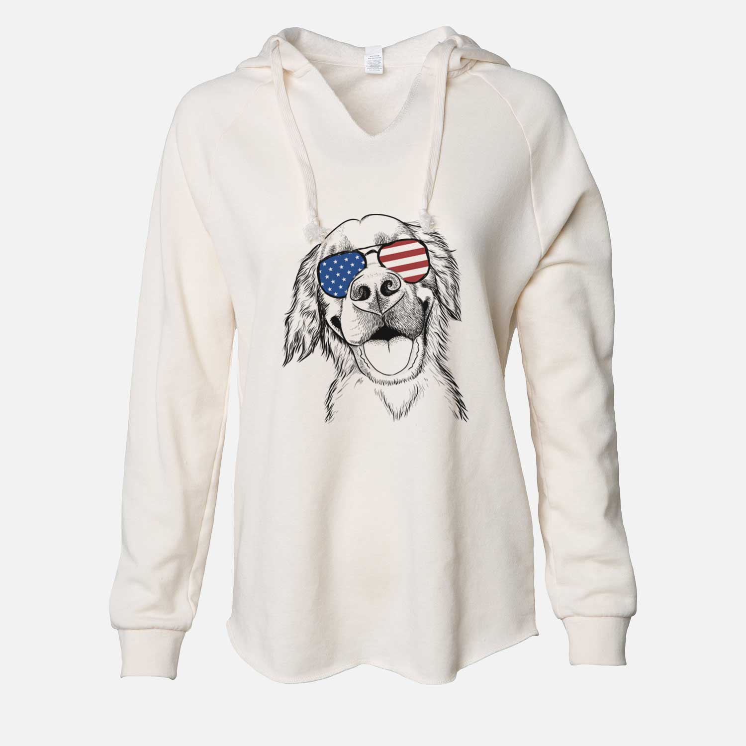 Hand-drawn sketch of Jordy the Golden Retriever wearing American flag sunglasses on a Bone Cali Wave Hooded Sweatshirt