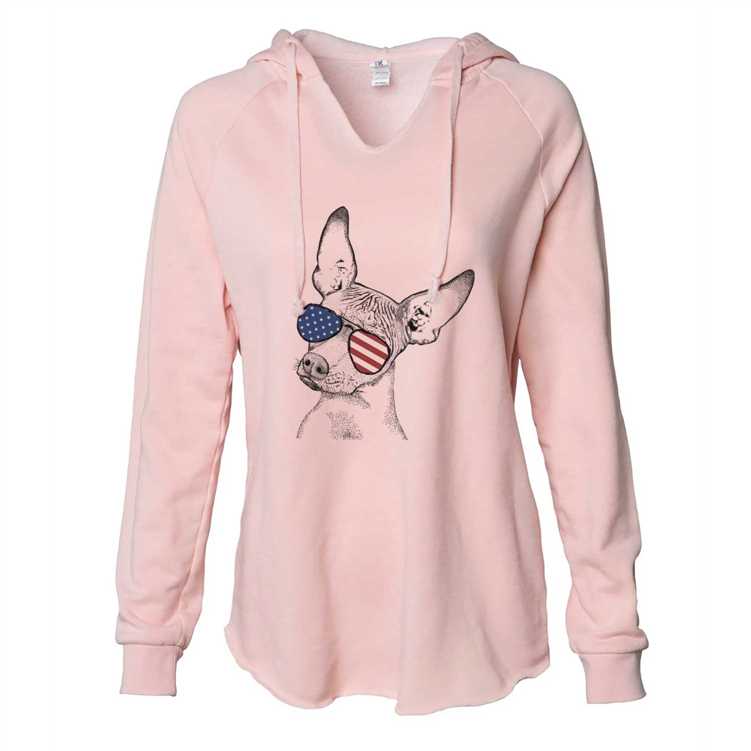 Hand-drawn sketch of Kahlo the Xoloitzcuintli wearing American flag sunglasses on a Blush Cali Wave Hooded Sweatshirt
