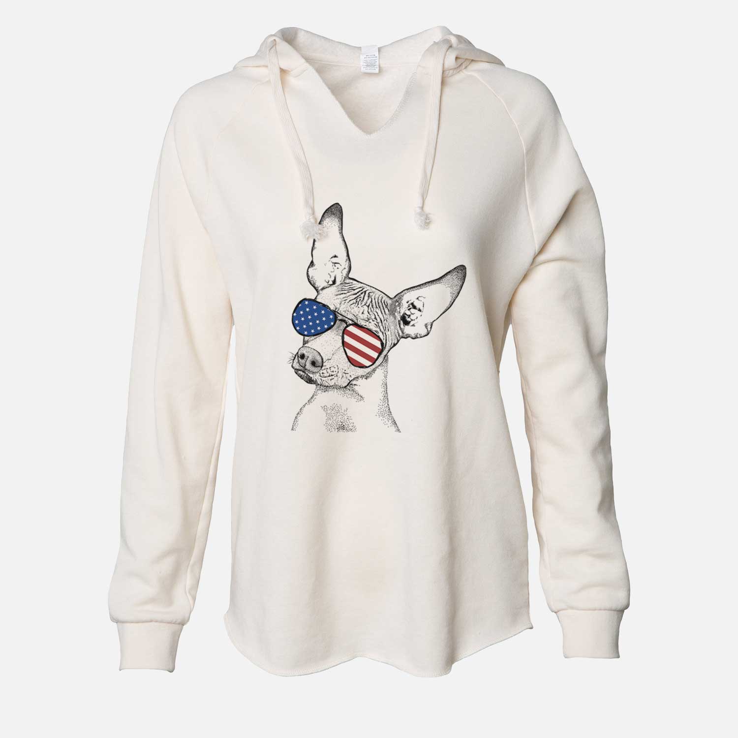 Hand-drawn sketch of Kahlo the Xoloitzcuintli wearing American flag sunglasses on a Bone Cali Wave Hooded Sweatshirt