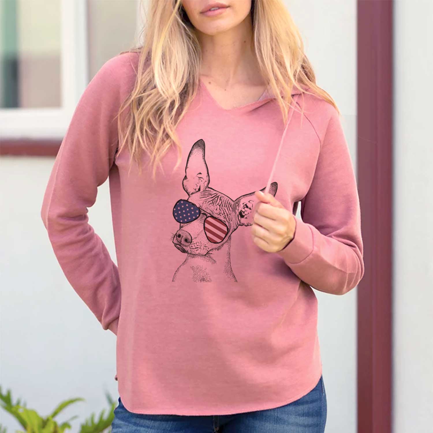Hand-drawn sketch of Kahlo the Xoloitzcuintli wearing American flag sunglasses on a Dusty Rose Cali Wave Hooded Sweatshirt, lifestyle photo