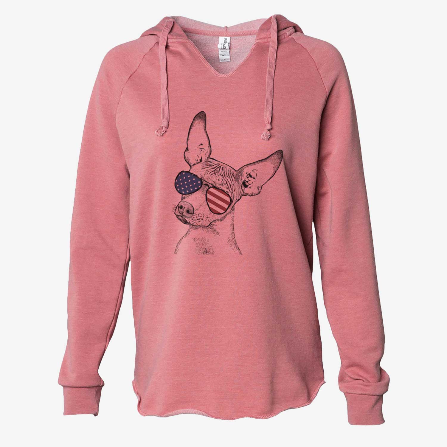 Hand-drawn sketch of Kahlo the Xoloitzcuintli wearing American flag sunglasses on a Dusty Rose Cali Wave Hooded Sweatshirt