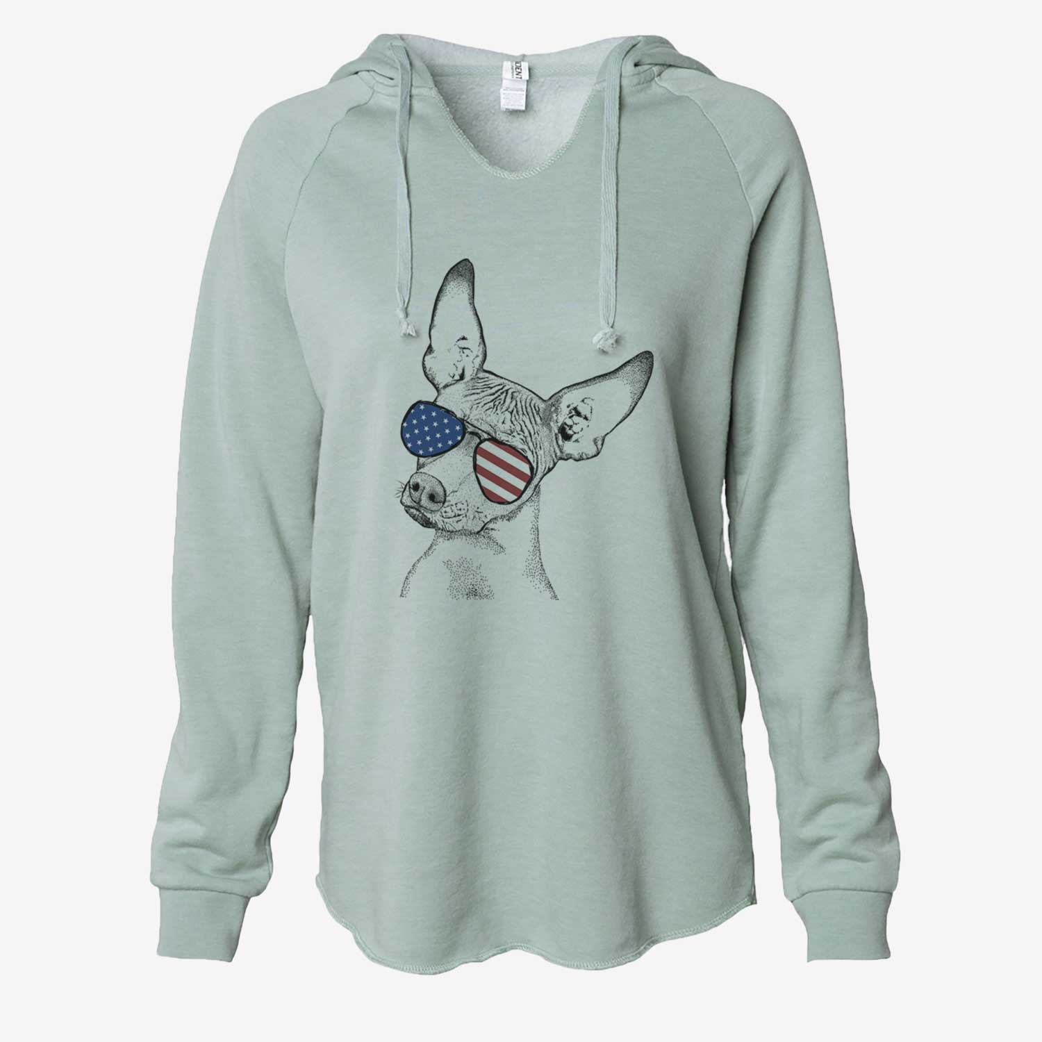 Hand-drawn sketch of Kahlo the Xoloitzcuintli wearing American flag sunglasses on a Sage Cali Wave Hooded Sweatshirt