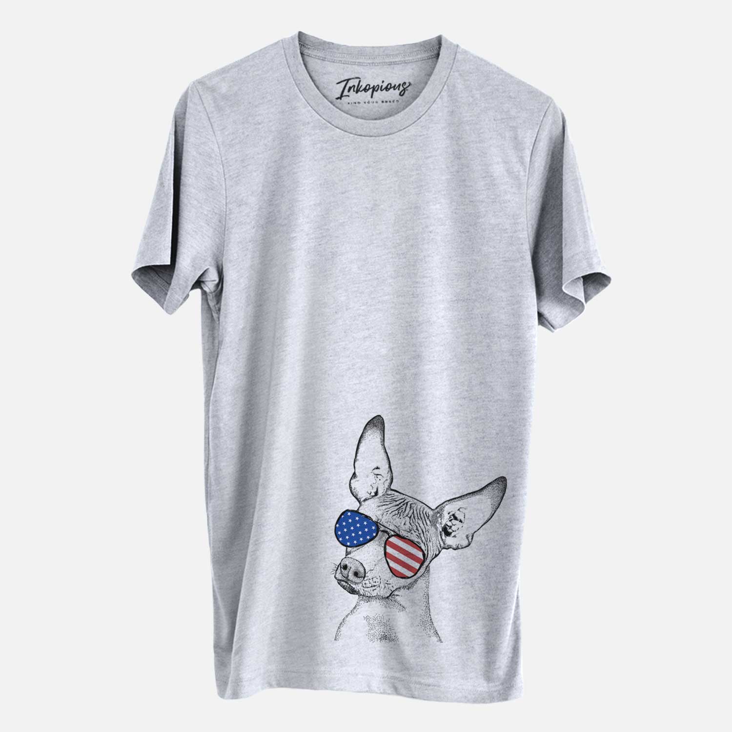 Hand-drawn sketch of Kahlo the Xoloitzcuintli wearing American flag sunglasses on a Grey Unisex crewneck