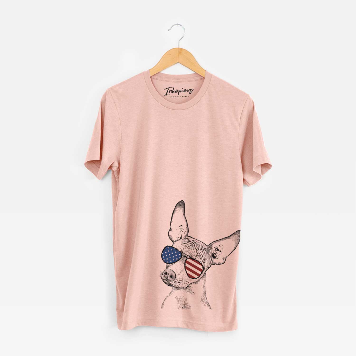 Hand-drawn sketch of Kahlo the Xoloitzcuintli wearing American flag sunglasses on a Peach Unisex crewneck