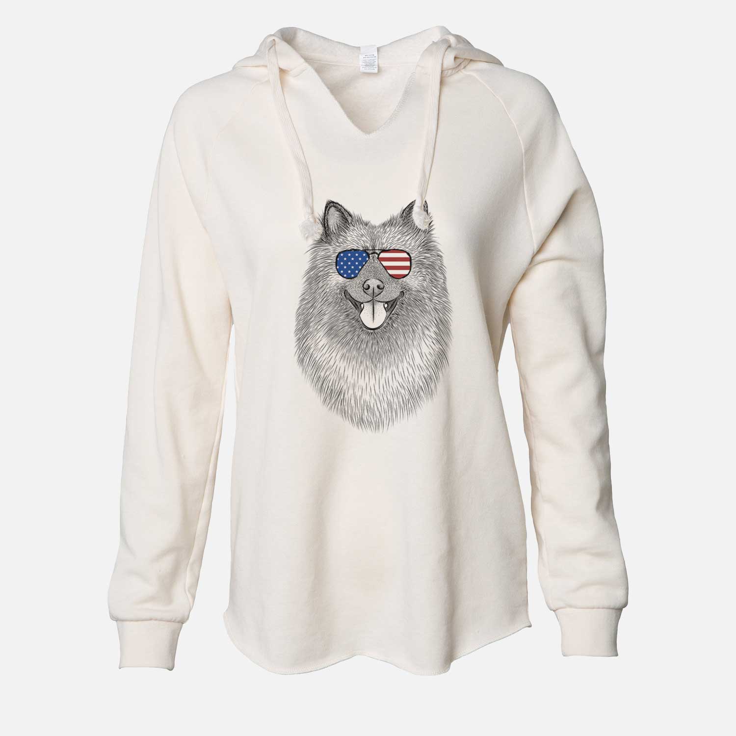 Hand-drawn sketch of Kai the Keeshond wearing American flag sunglasses on a Bone Cali Wave Hooded Sweatshirt