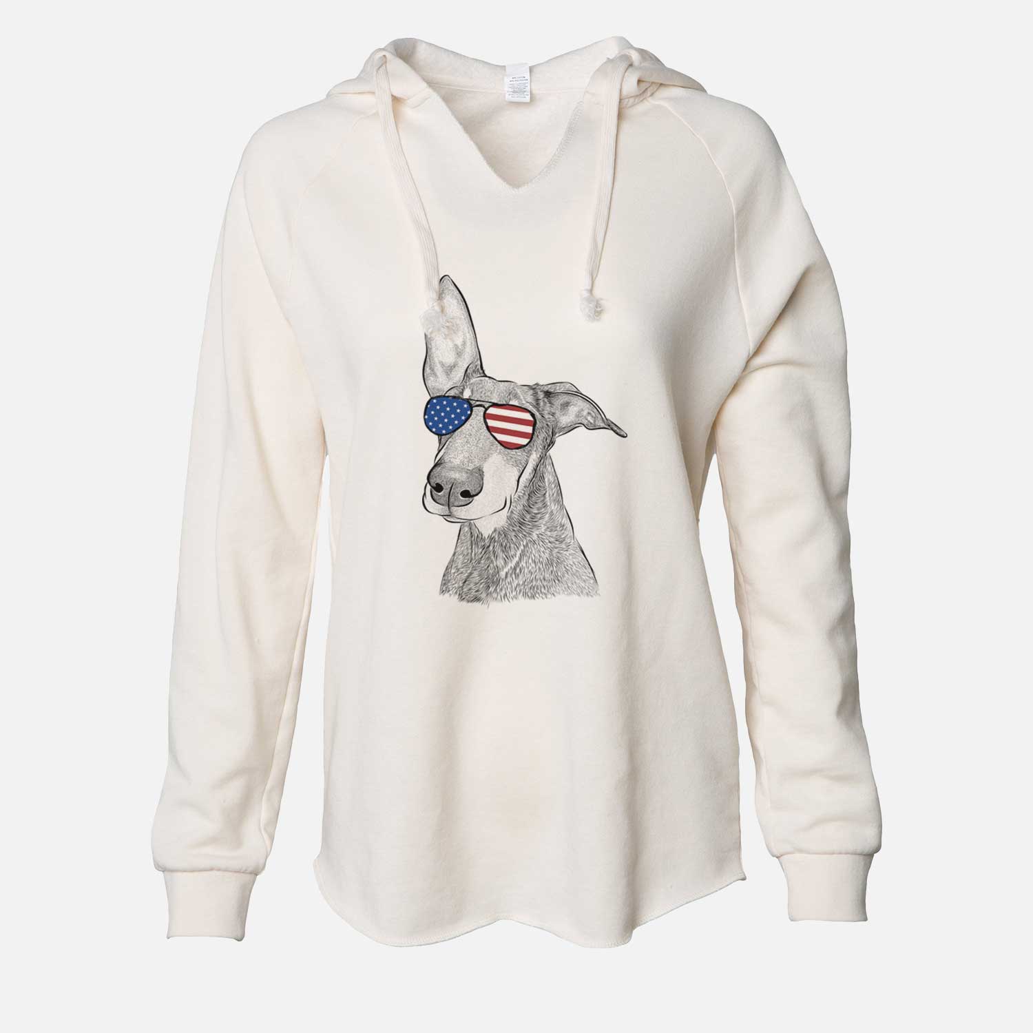 Hand-drawn sketch of Kain the Doberman Pinscher wearing American flag sunglasses on a Bone Cali Wave Hooded Sweatshirt