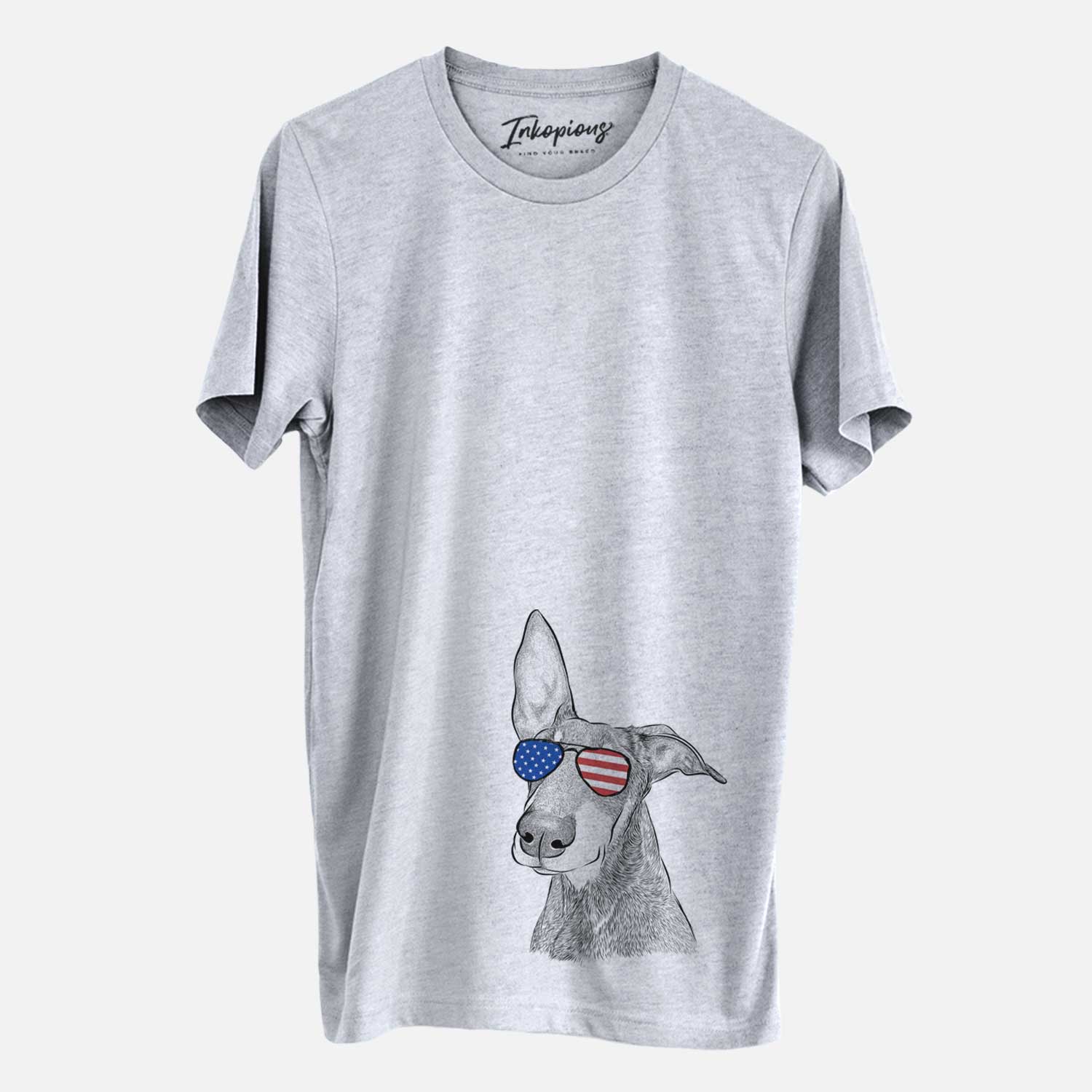 Hand-drawn sketch of Kain the Doberman Pinscher wearing American flag sunglasses on a Grey Unisex crewneck