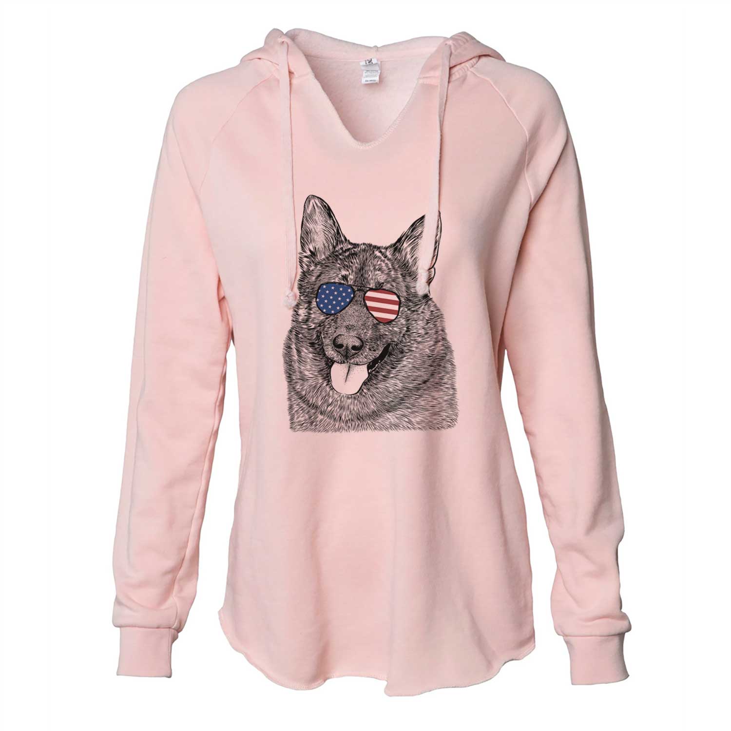 Hand-drawn sketch of Kasia the Norwegian Elkhound wearing American flag sunglasses on a Blush Cali Wave Hooded Sweatshirt