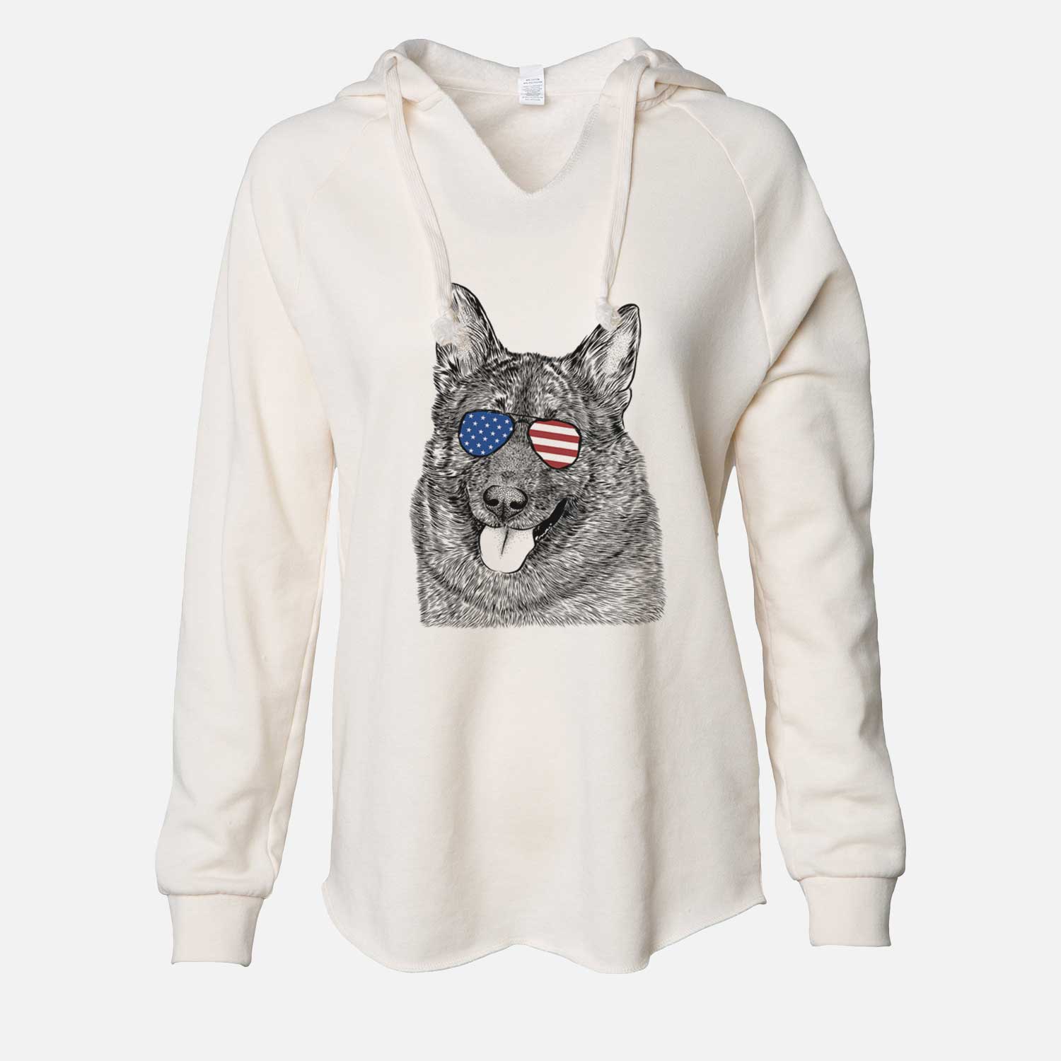 Hand-drawn sketch of Kasia the Norwegian Elkhound wearing American flag sunglasses on a Bone Cali Wave Hooded Sweatshirt