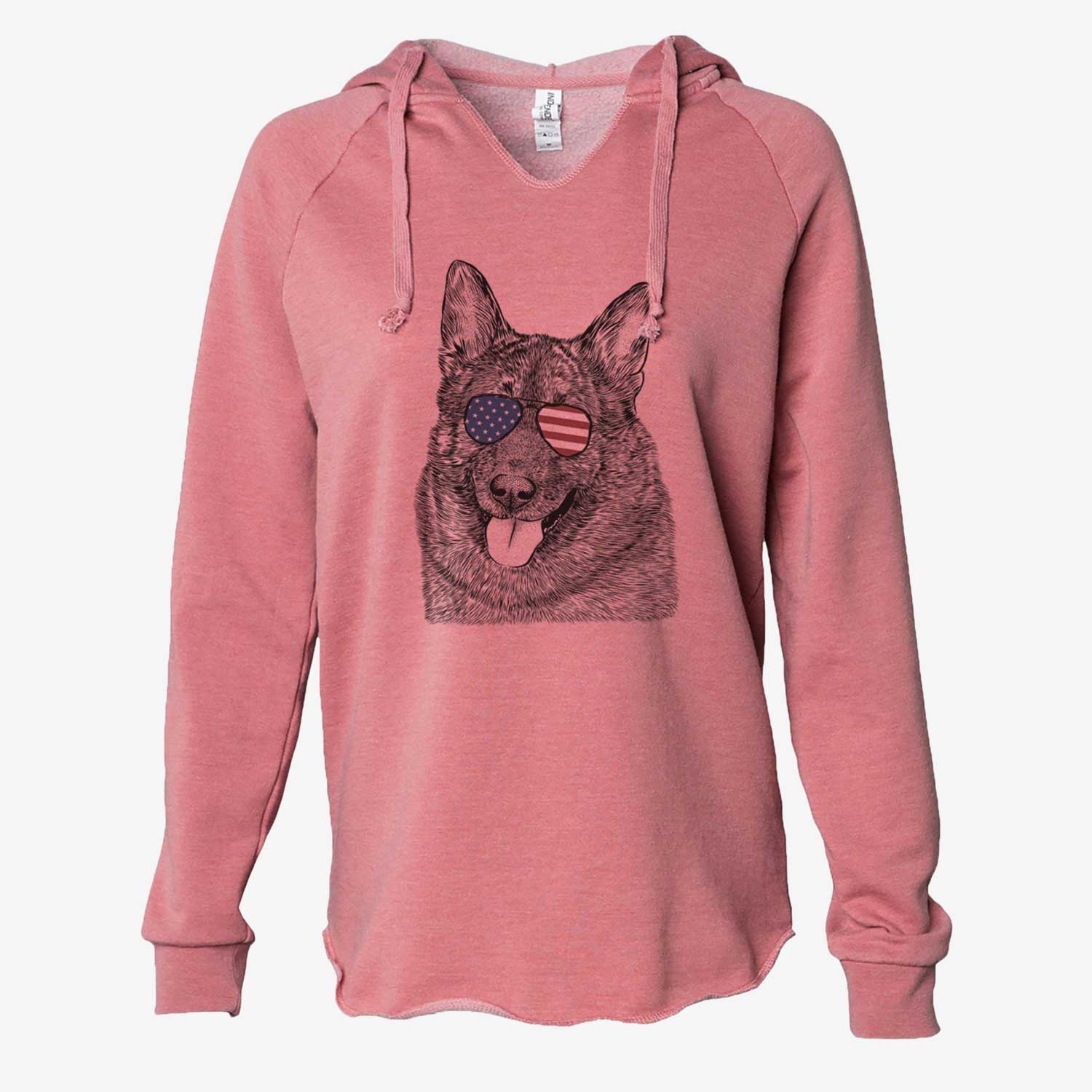Hand-drawn sketch of Kasia the Norwegian Elkhound wearing American flag sunglasses on a Dusty Rose Cali Wave Hooded Sweatshirt