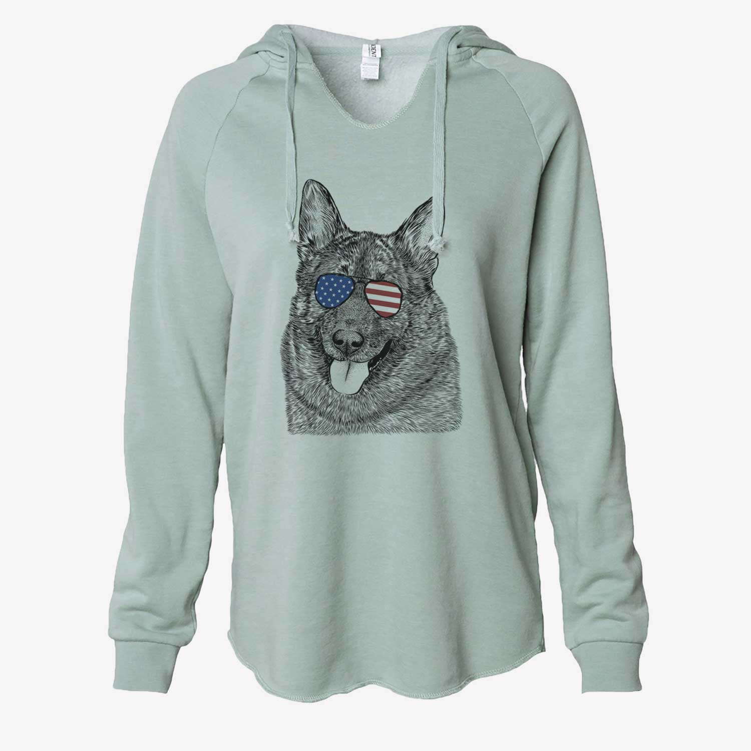 Hand-drawn sketch of Kasia the Norwegian Elkhound wearing American flag sunglasses on a Sage Cali Wave Hooded Sweatshirt