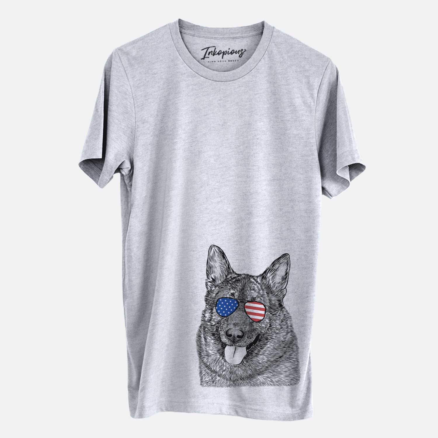 Hand-drawn sketch of Kasia the Norwegian Elkhound wearing American flag sunglasses on a Grey Unisex crewneck