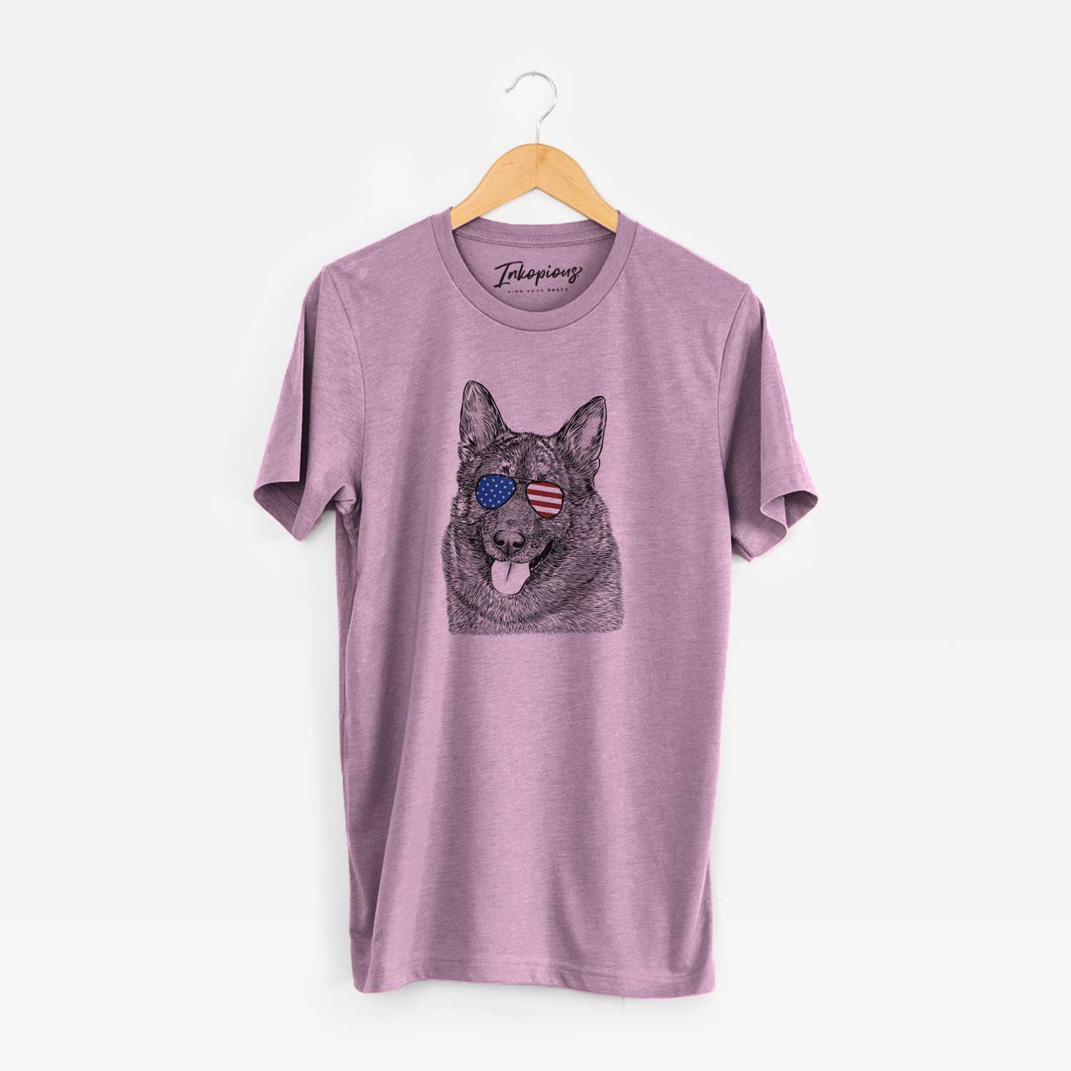 Hand-drawn sketch of Kasia the Norwegian Elkhound wearing American flag sunglasses on an Orchid Unisex crewneck