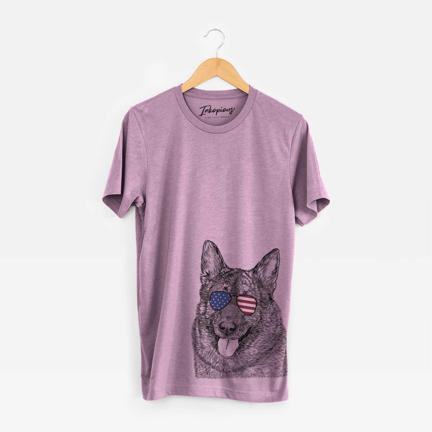 Hand-drawn sketch of Kasia the Norwegian Elkhound wearing American flag sunglasses on an Orchid Unisex crewneck