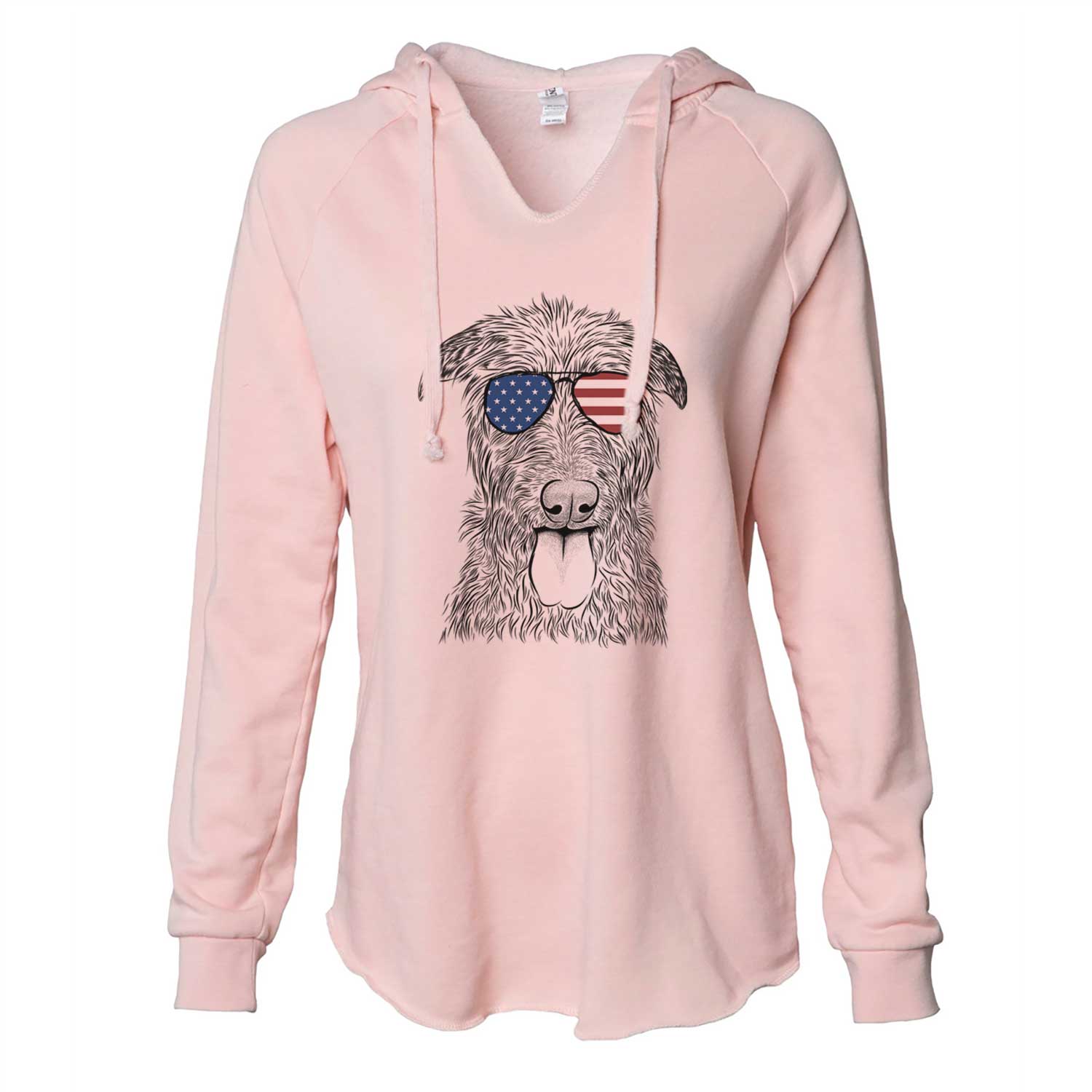 Hand-drawn sketch of Keeva the Irish Wolfhound wearing American flag sunglasses on a Blush Cali Wave Hooded Sweatshirt