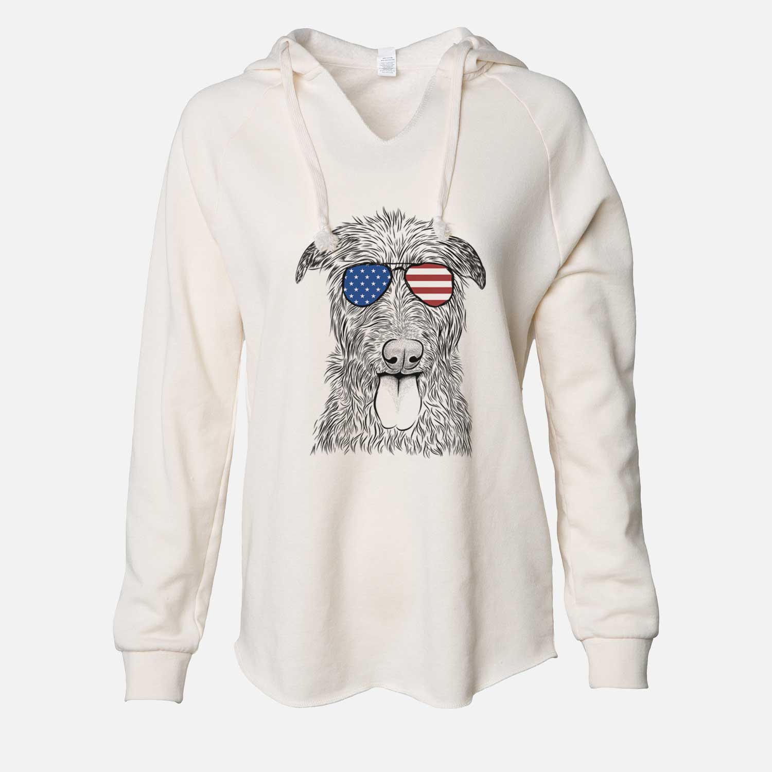 Hand-drawn sketch of Keeva the Irish Wolfhound wearing American flag sunglasses on a Bone Cali Wave Hooded Sweatshirt