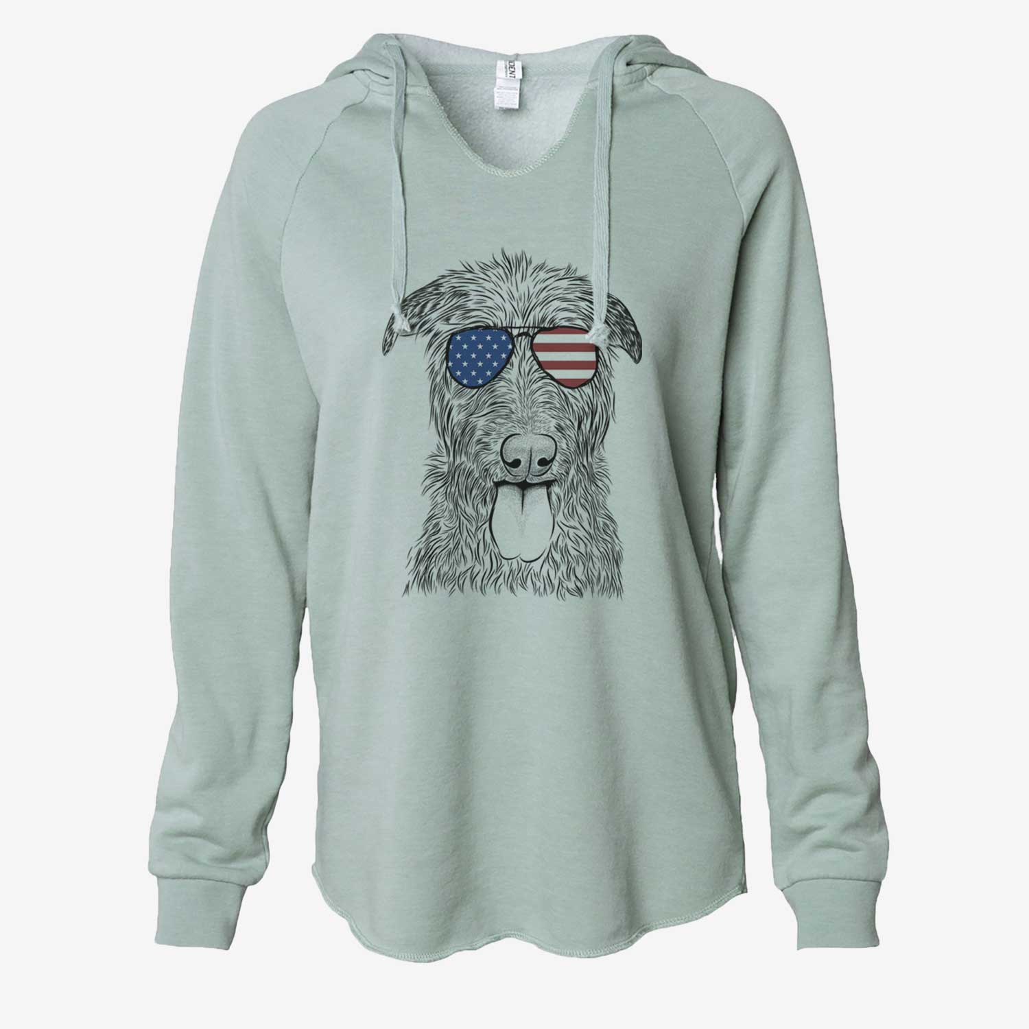 Hand-drawn sketch of Keeva the Irish Wolfhound wearing American flag sunglasses on a Sage Cali Wave Hooded Sweatshirt