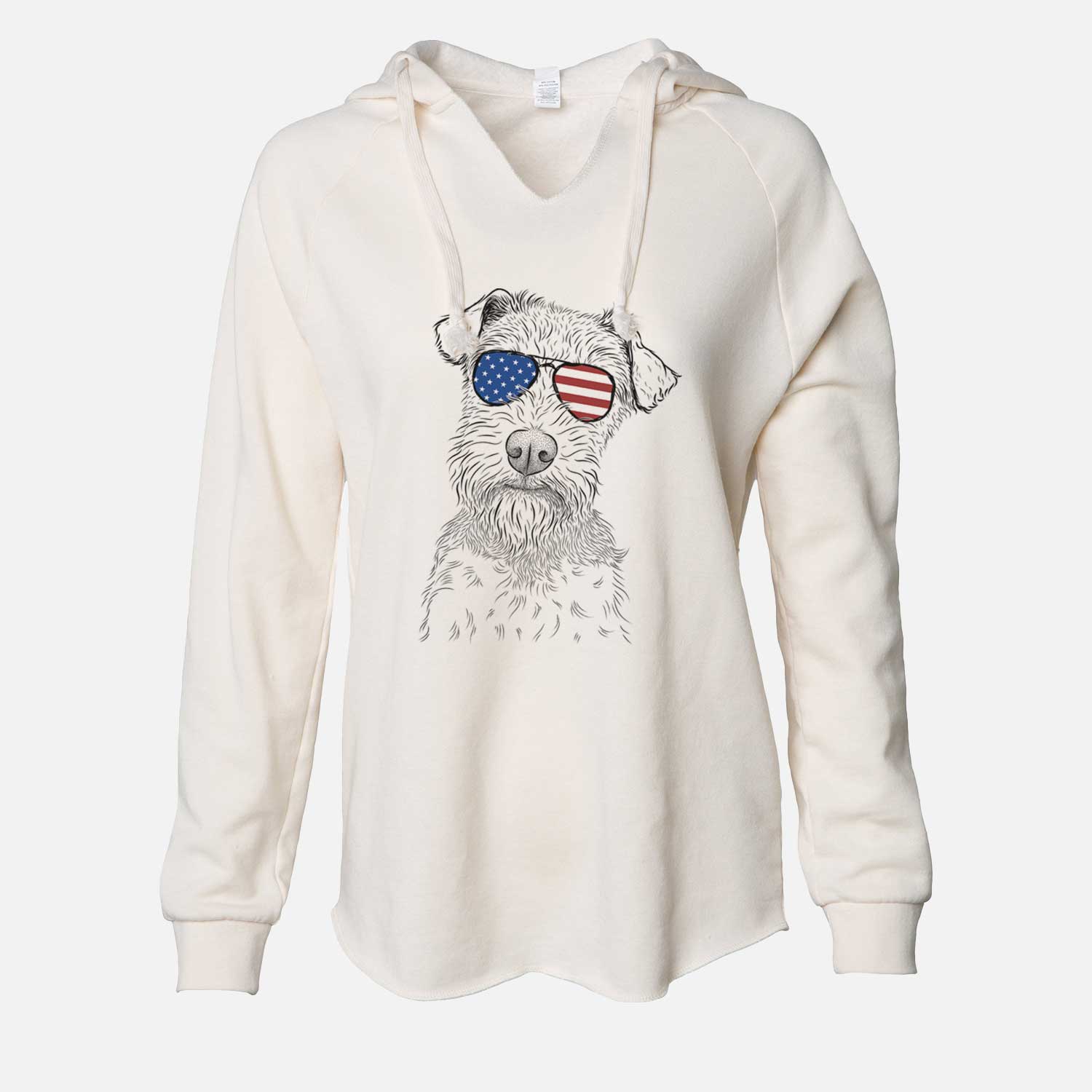 Hand-drawn sketch of Kiara the Welsh Terrier wearing American flag sunglasses on a Bone Cali Wave Hooded Sweatshirt