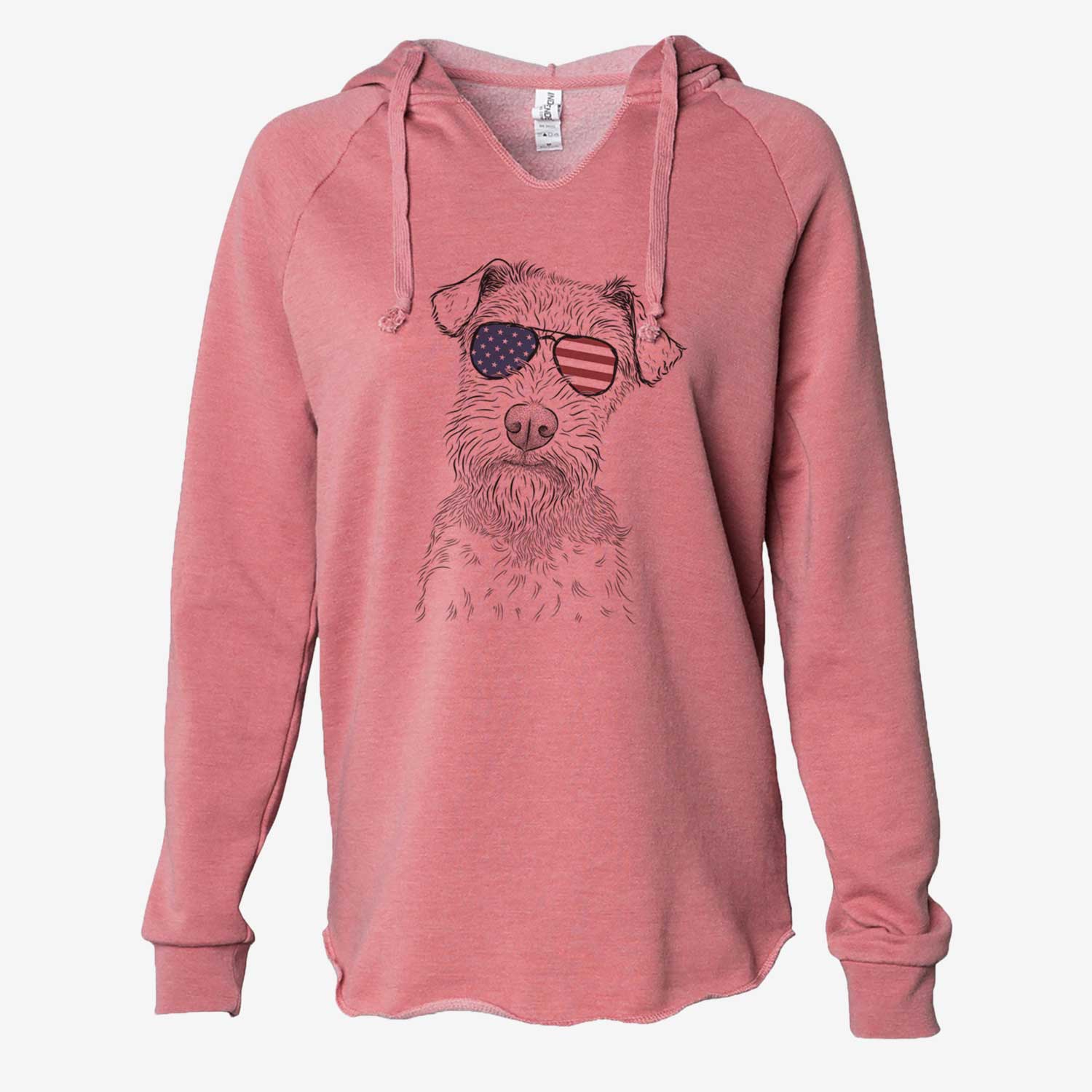 Hand-drawn sketch of Kiara the Welsh Terrier wearing American flag sunglasses on a Dusty Rose Cali Wave Hooded Sweatshirt