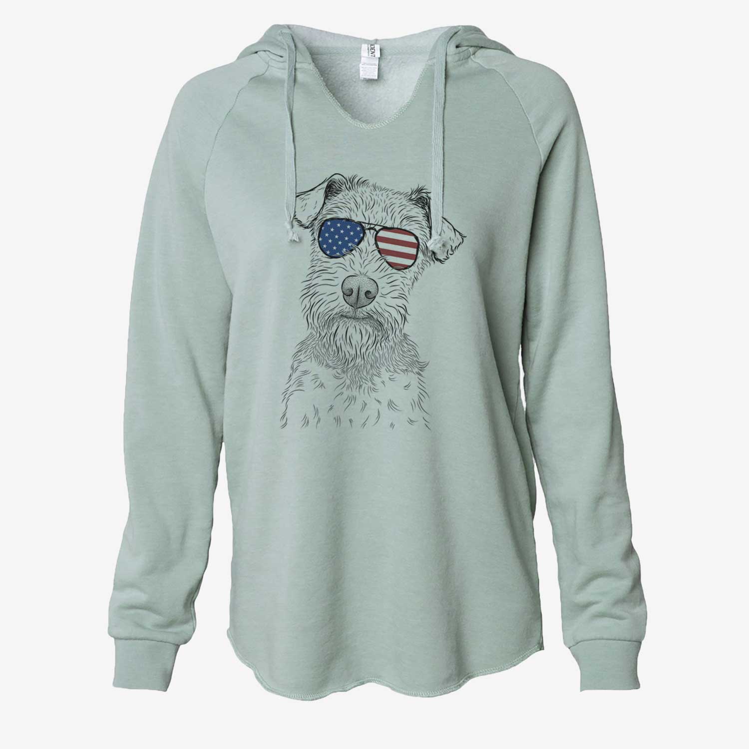 Hand-drawn sketch of Kiara the Welsh Terrier wearing American flag sunglasses on a Sage Cali Wave Hooded Sweatshirt