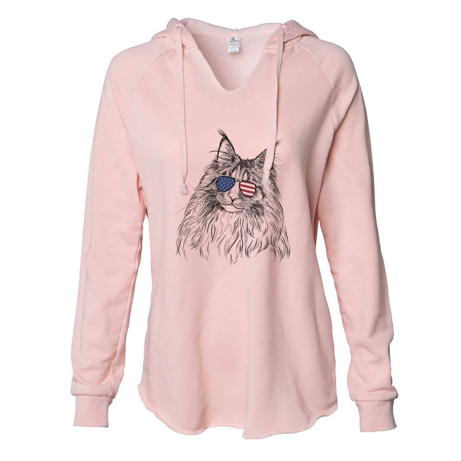 Hand-drawn sketch of Kiki the Maine Coon Cat wearing American flag sunglasses on a Blush Cali Wave Hooded Sweatshirt