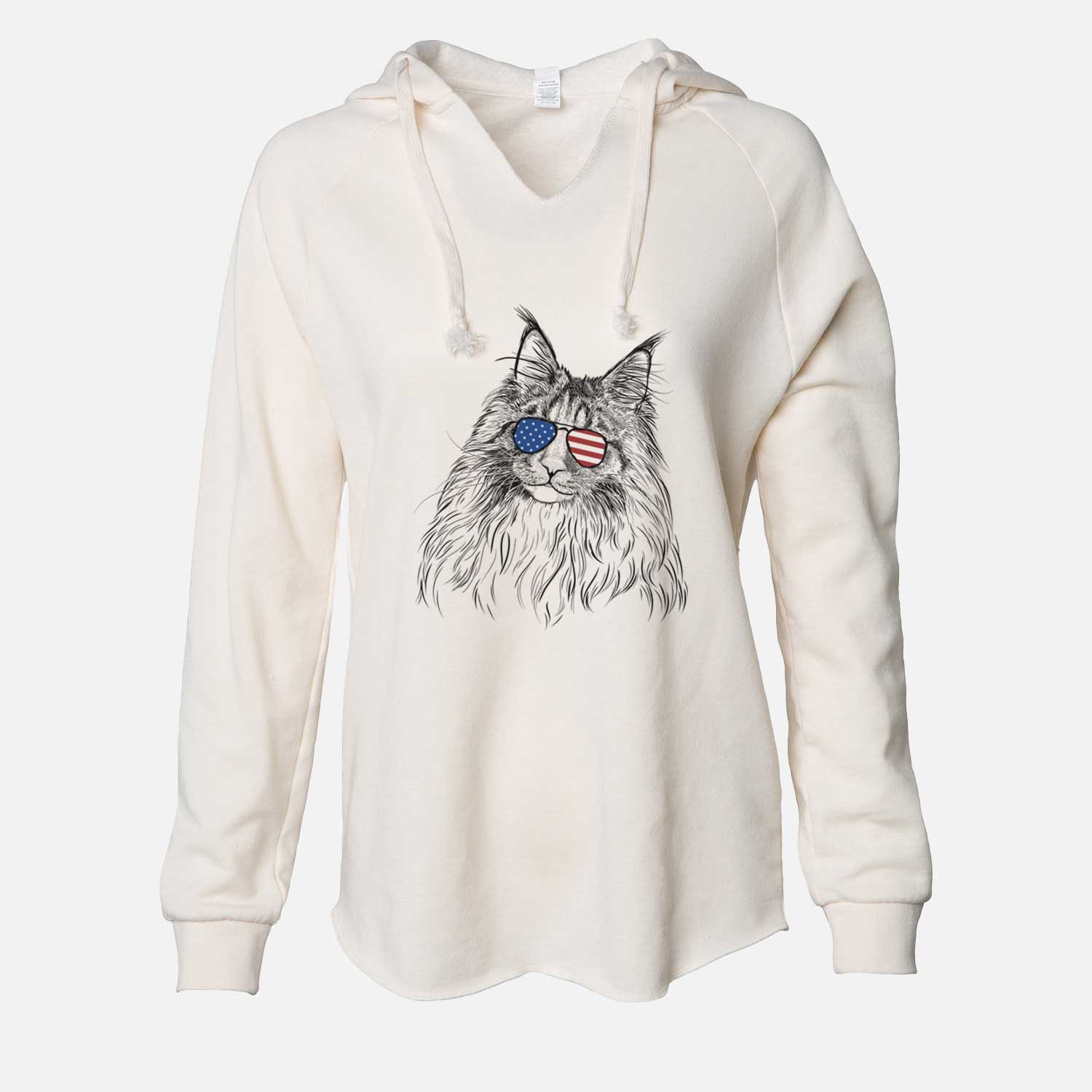 Hand-drawn sketch of Kiki the Maine Coon Cat wearing American flag sunglasses on a Bone Cali Wave Hooded Sweatshirt