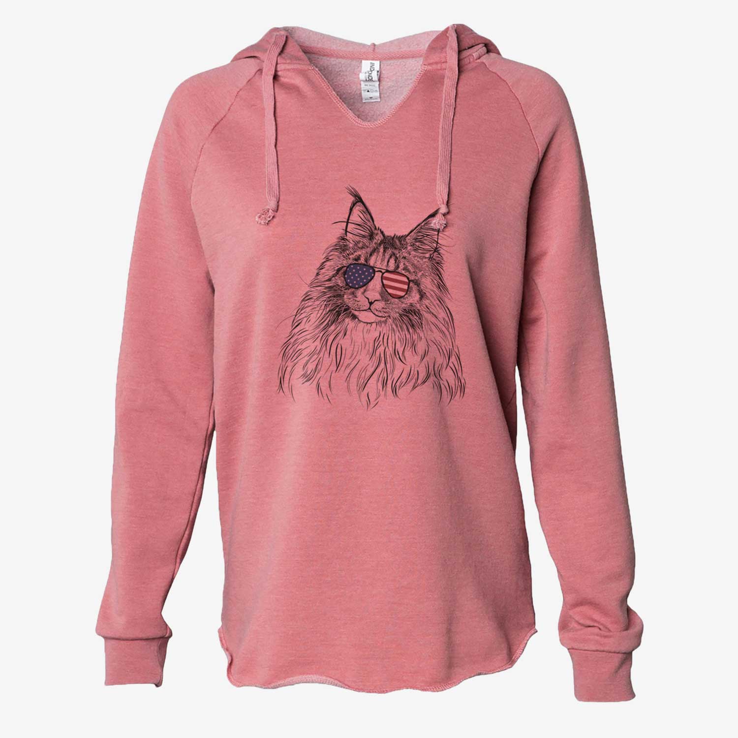 Hand-drawn sketch of Kiki the Maine Coon Cat wearing American flag sunglasses on a Dusty Rose Cali Wave Hooded Sweatshirt