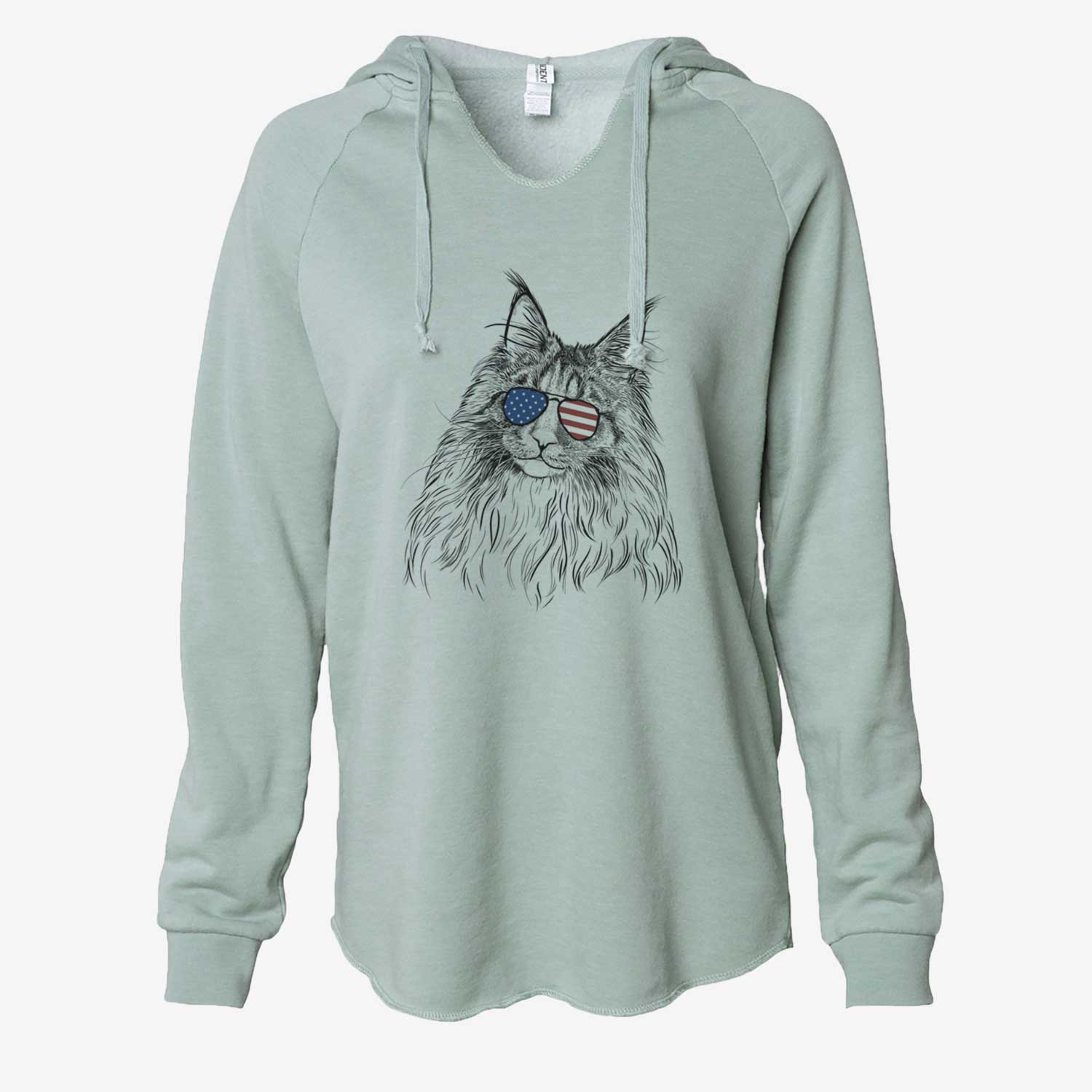 Hand-drawn sketch of Kiki the Maine Coon Cat wearing American flag sunglasses on a Sage Cali Wave Hooded Sweatshirt
