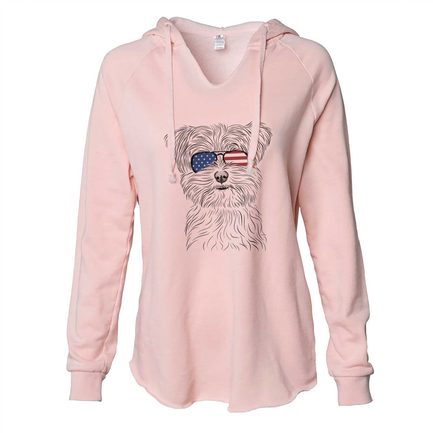 Hand-drawn sketch of Kiwi the Morkie wearing American flag sunglasses on a Blush Cali Wave Hooded Sweatshirt