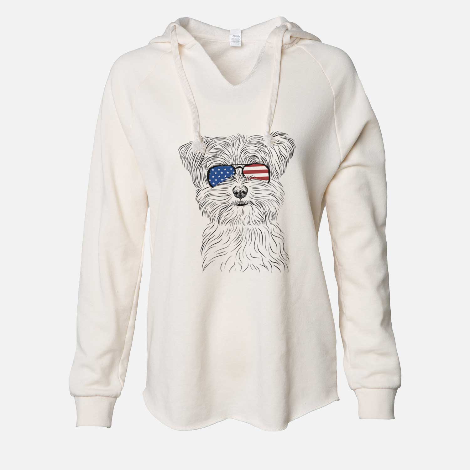 Hand-drawn sketch of Kiwi the Morkie wearing American flag sunglasses on a Bone Cali Wave Hooded Sweatshirt