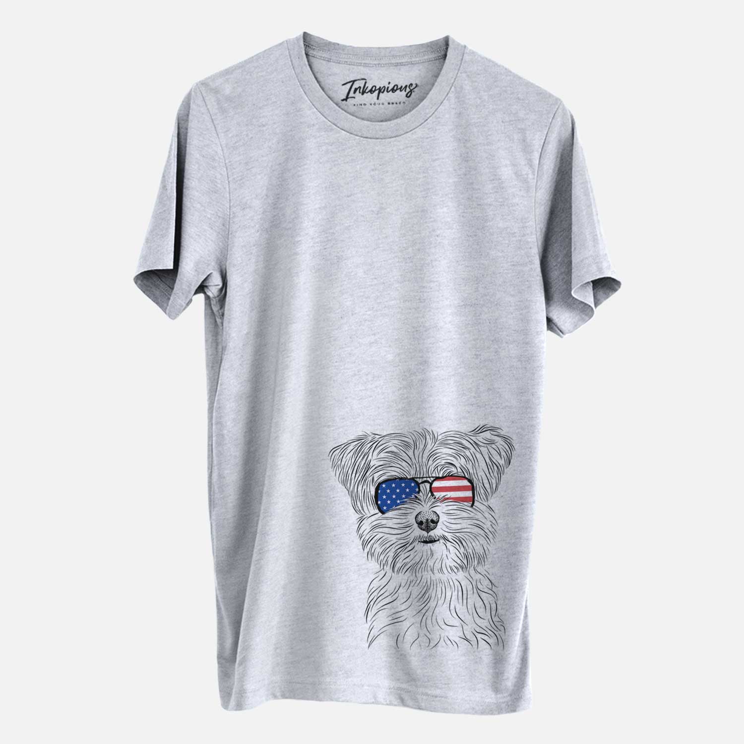 Hand-drawn sketch of Kiwi the Morkie wearing American flag sunglasses on a Grey Unisex crewneck