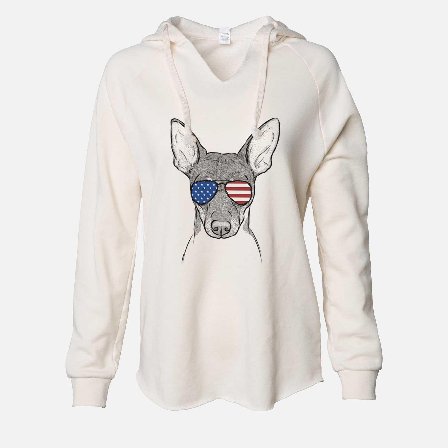 Hand-drawn sketch of Knox the Rat Terrier wearing American flag sunglasses on a Bone Cali Wave Hooded Sweatshirt