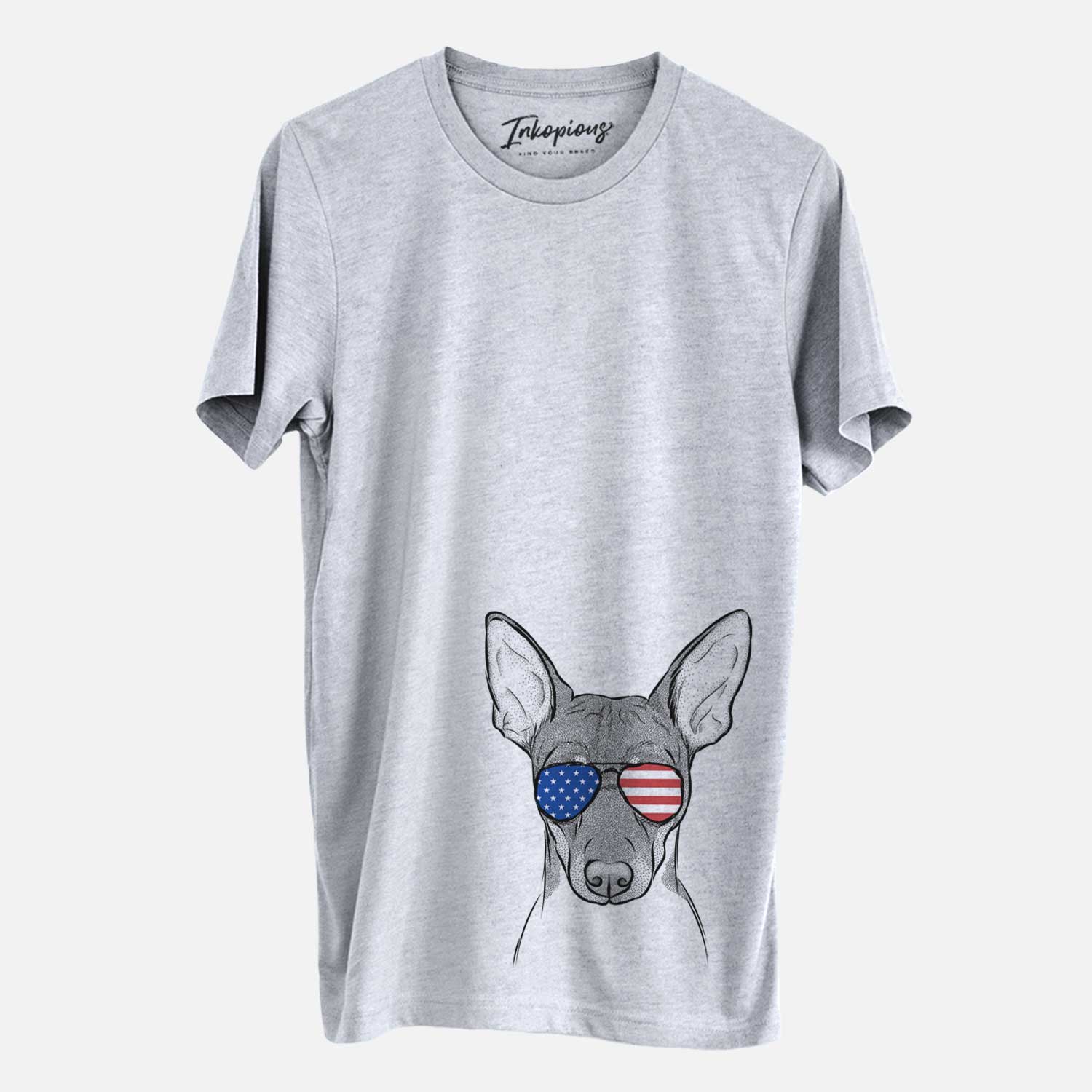 Hand-drawn sketch of Knox the Rat Terrier wearing American flag sunglasses on a Grey Unisex crewneck
