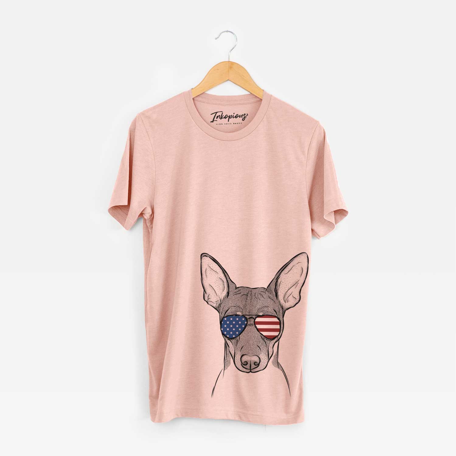 Hand-drawn sketch of Knox the Rat Terrier wearing American flag sunglasses on a Peach Unisex crewneck
