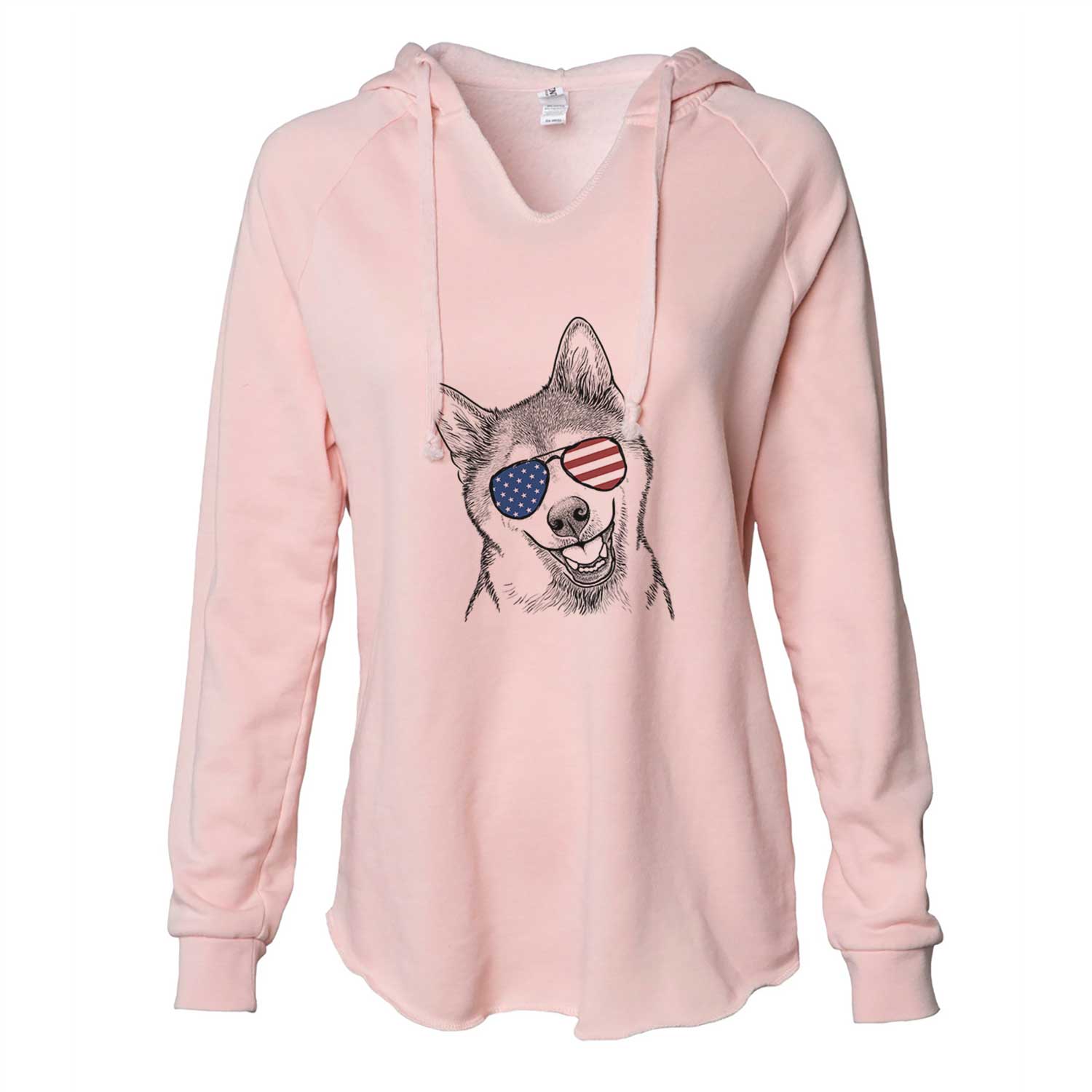 Hand-drawn sketch of Koby the Shiba Inu wearing American flag sunglasses on a Blush Cali Wave Hooded Sweatshirt
