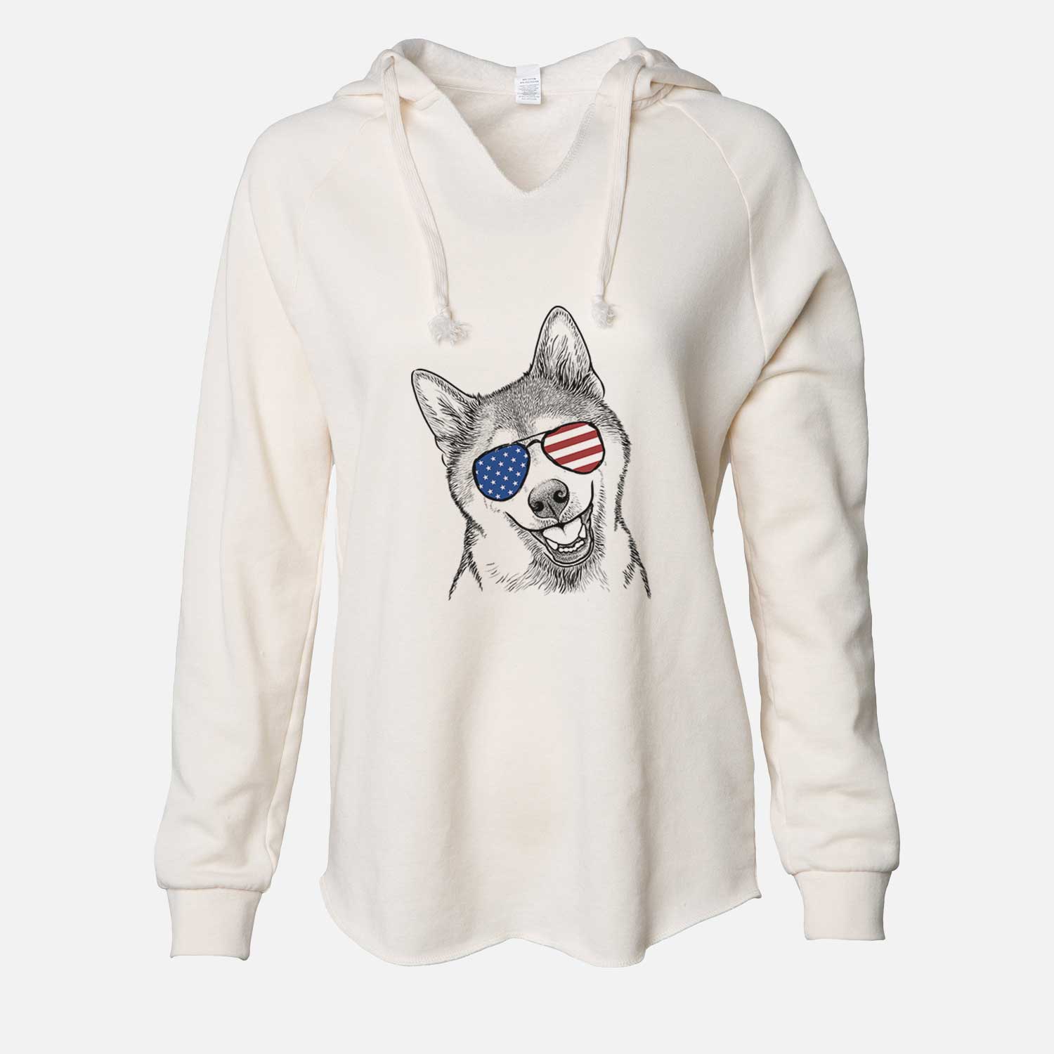 Hand-drawn sketch of Koby the Shiba Inu wearing American flag sunglasses on a Bone Cali Wave Hooded Sweatshirt