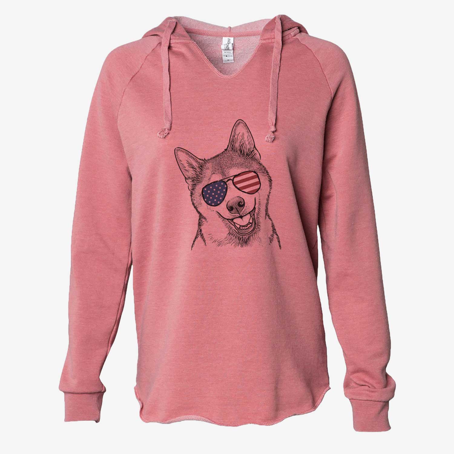 Hand-drawn sketch of Koby the Shiba Inu wearing American flag sunglasses on a Dusty Rose Cali Wave Hooded Sweatshirt