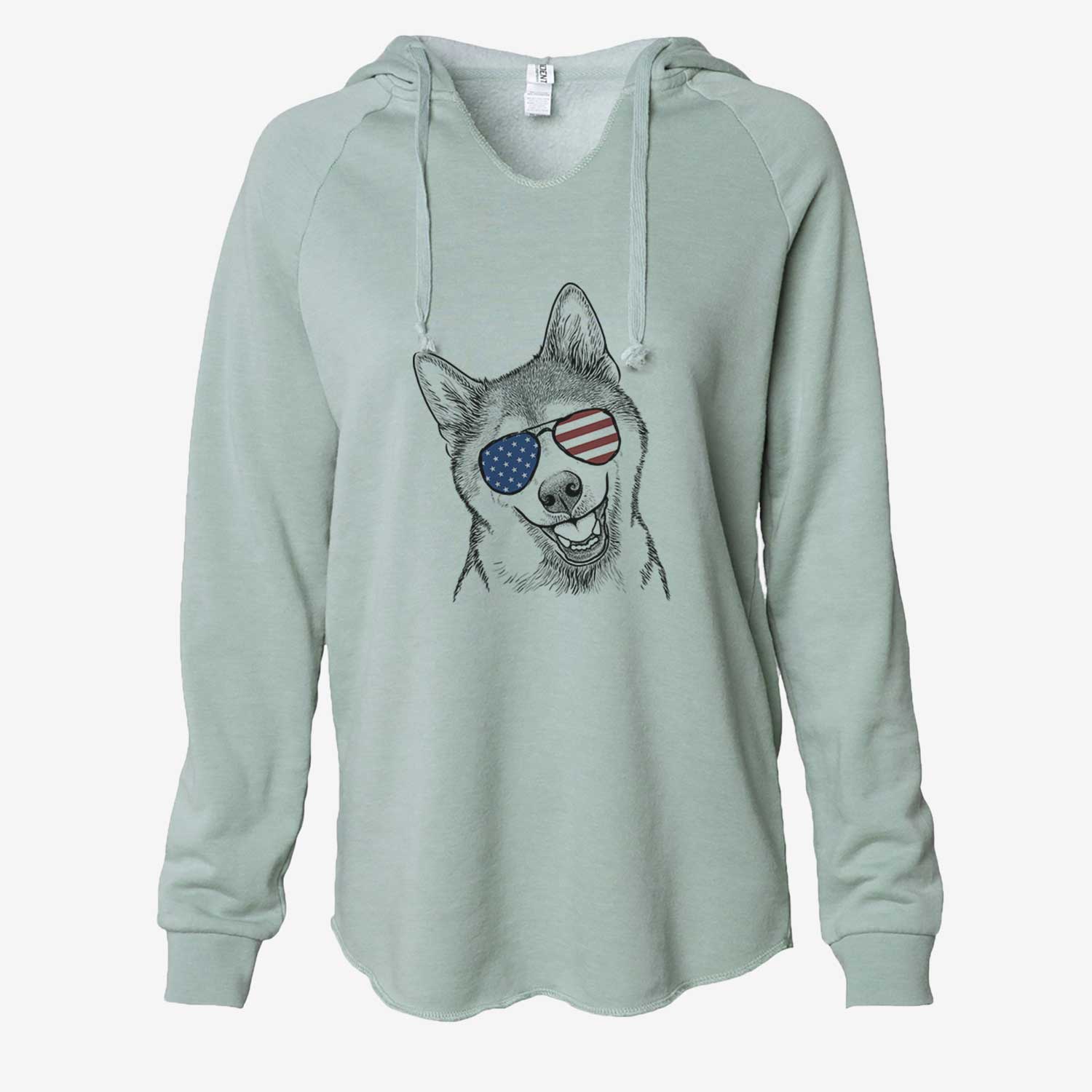 Hand-drawn sketch of Koby the Shiba Inu wearing American flag sunglasses on a Sage Cali Wave Hooded Sweatshirt