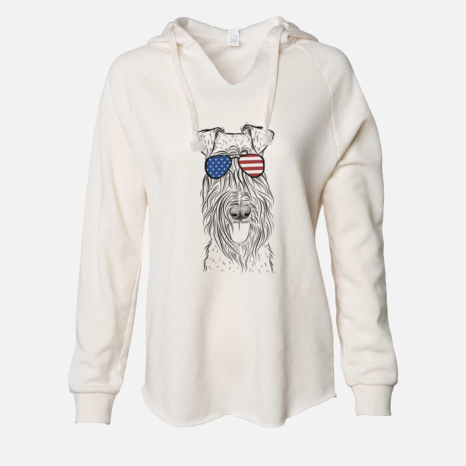 Hand-drawn sketch of Kricket the Kerry Blue Terrier wearing American flag sunglasses on a Bone Cali Wave Hooded Sweatshirt