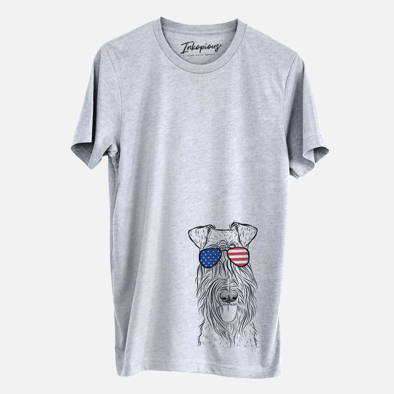Hand-drawn sketch of Kricket the Kerry Blue Terrier wearing American flag sunglasses on a Grey Unisex crewneck