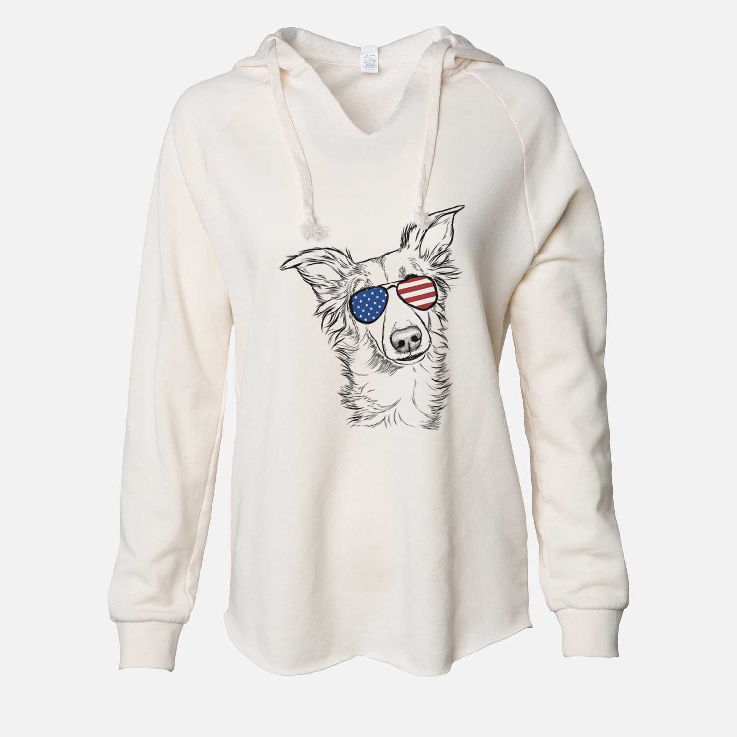 Hand-drawn sketch of Kyu the Windsprite wearing American flag sunglasses on a Bone Cali Wave Hooded Sweatshirt