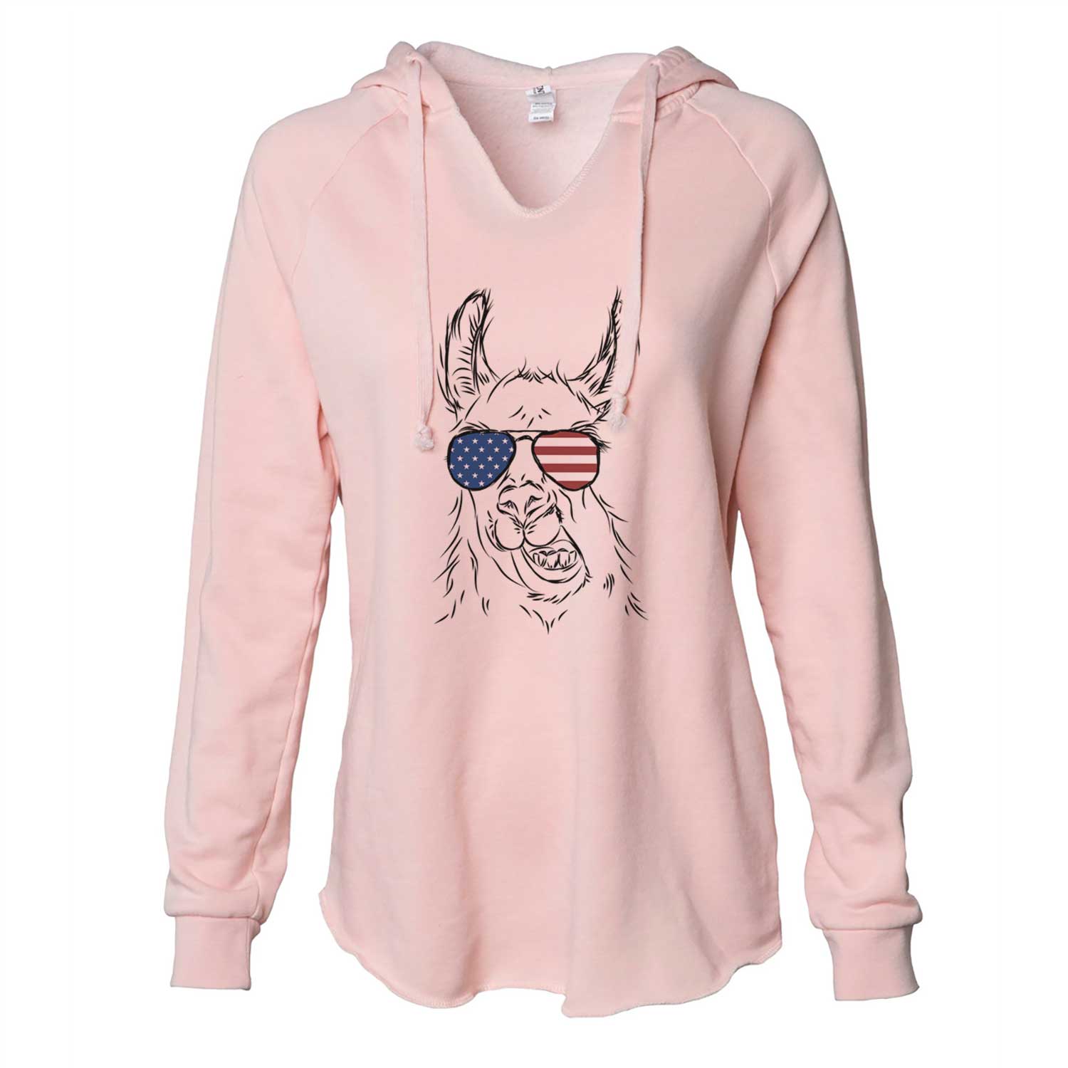 Hand-drawn sketch of Larry the Llama wearing American flag sunglasses on a Blush Cali Wave Hooded Sweatshirt