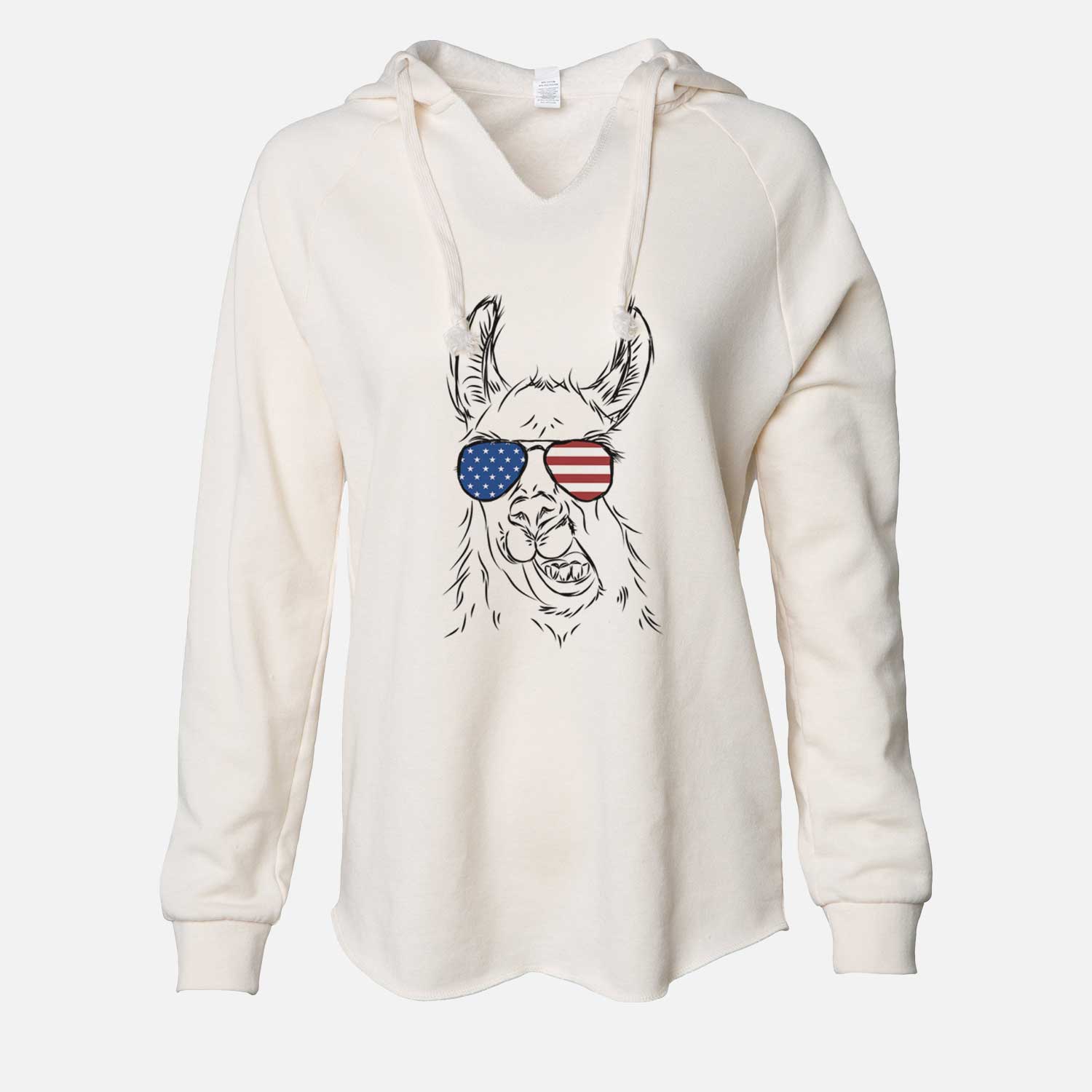 Hand-drawn sketch of Larry the Llama wearing American flag sunglasses on a Bone Cali Wave Hooded Sweatshirt