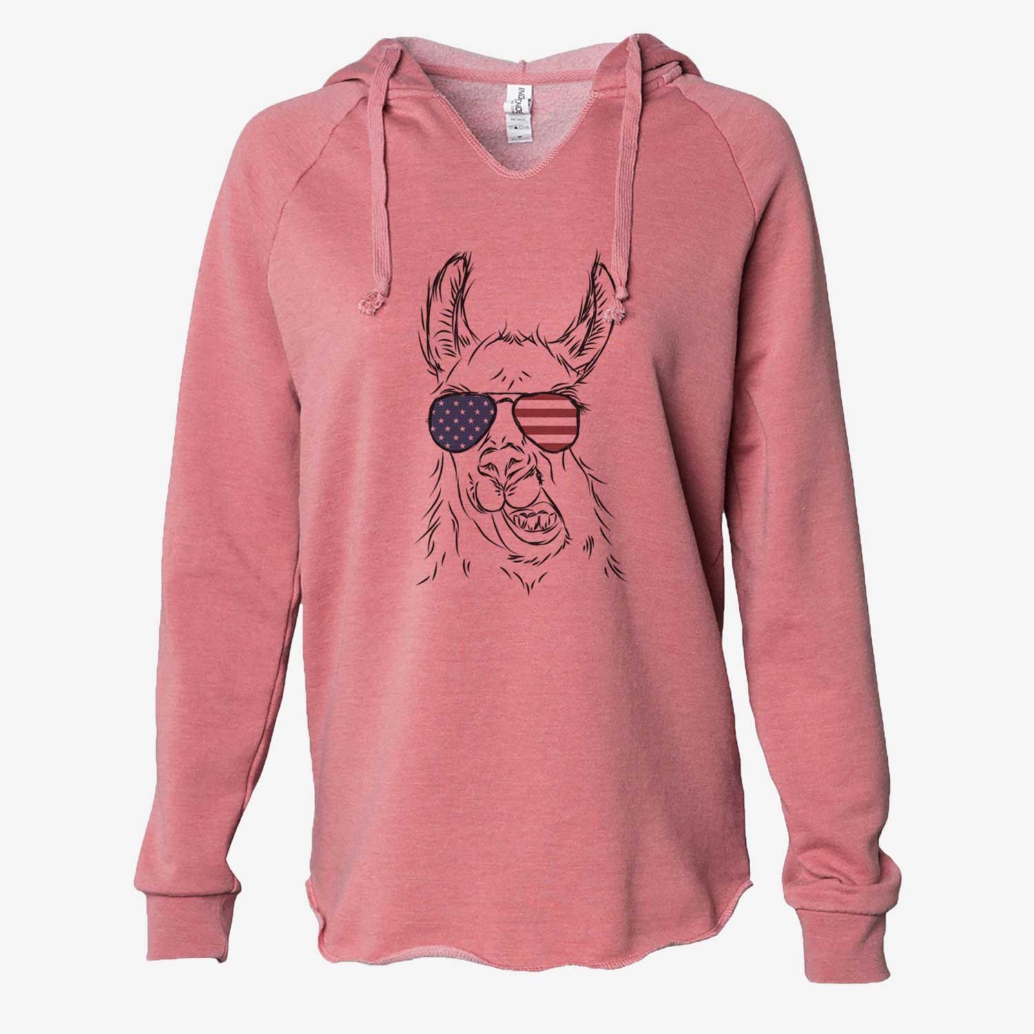 Hand-drawn sketch of Larry the Llama wearing American flag sunglasses on a Dusty Rose Cali Wave Hooded Sweatshirt