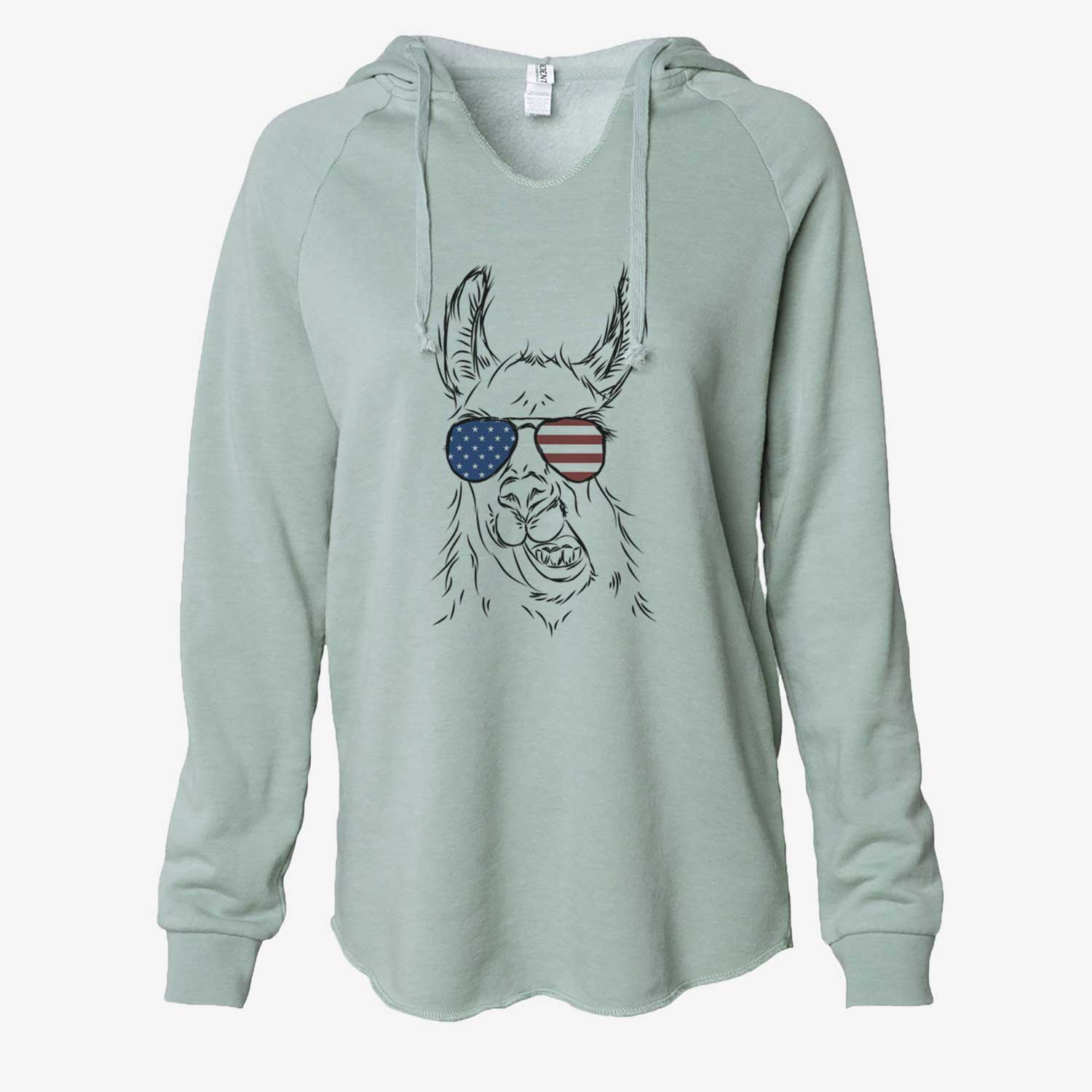 Hand-drawn sketch of Larry the Llama wearing American flag sunglasses on a Sage Cali Wave Hooded Sweatshirt