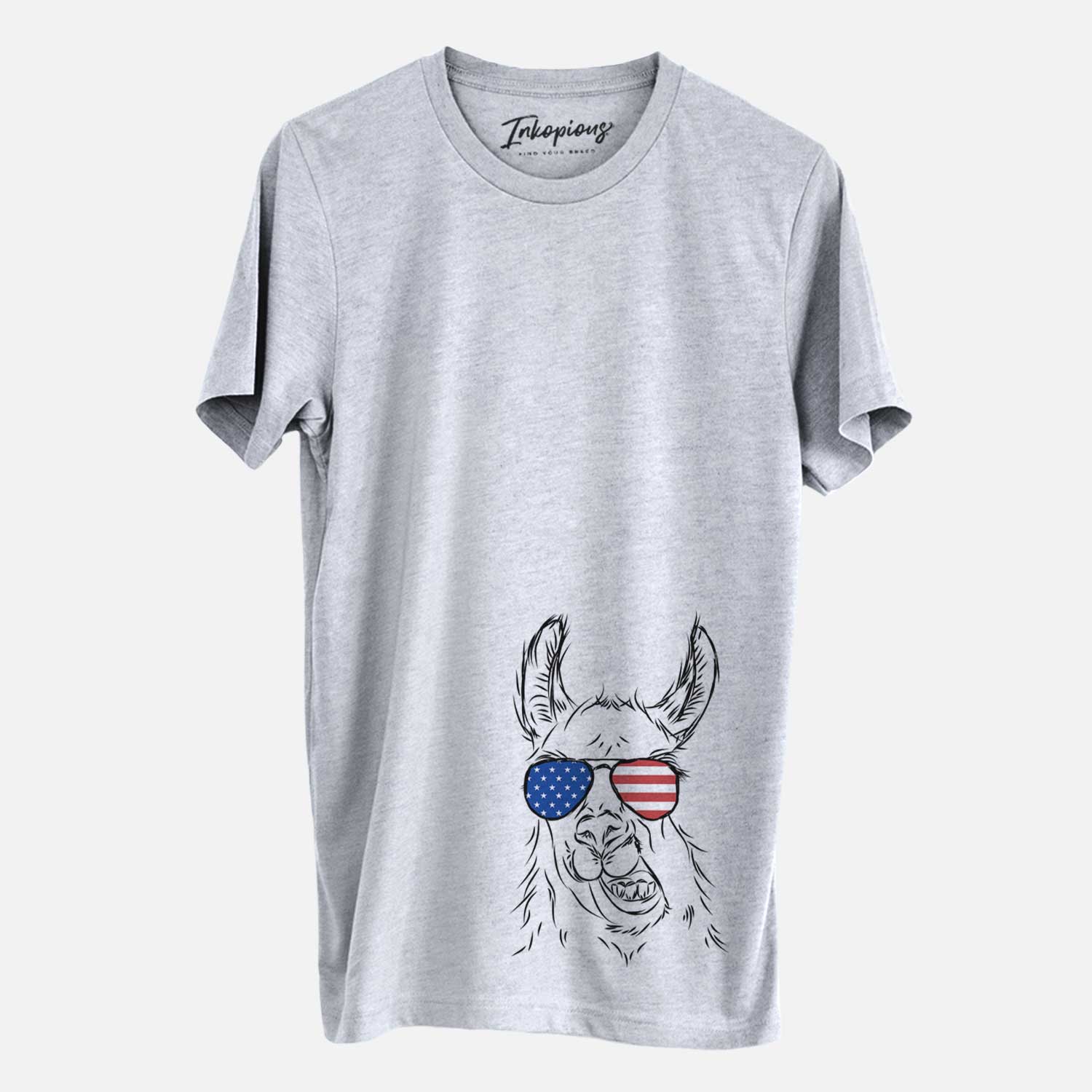 Hand-drawn sketch of Larry the Llama wearing American flag sunglasses on a Grey Unisex crewneck