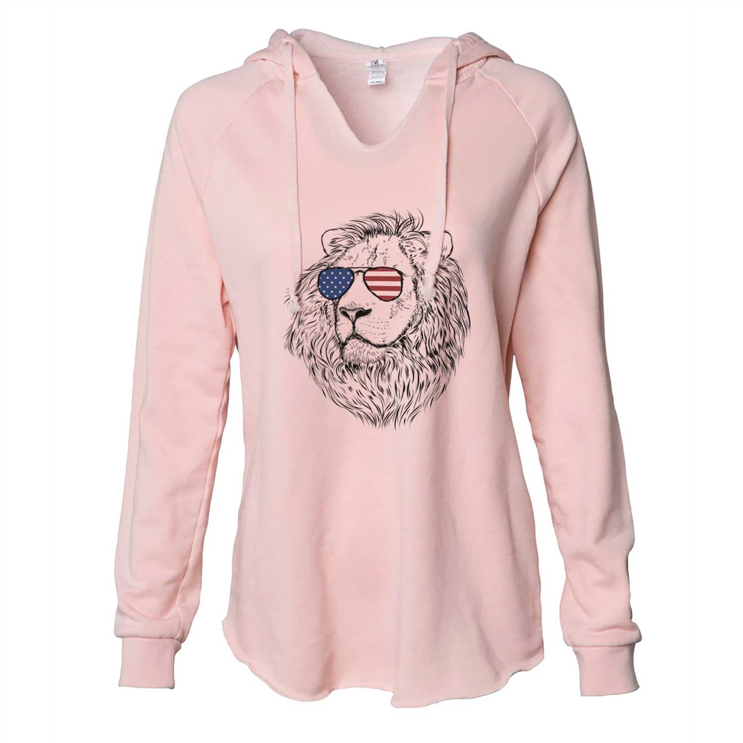 Hand-drawn sketch of Lenny the Lion wearing American flag sunglasses on a Blush Cali Wave Hooded Sweatshirt